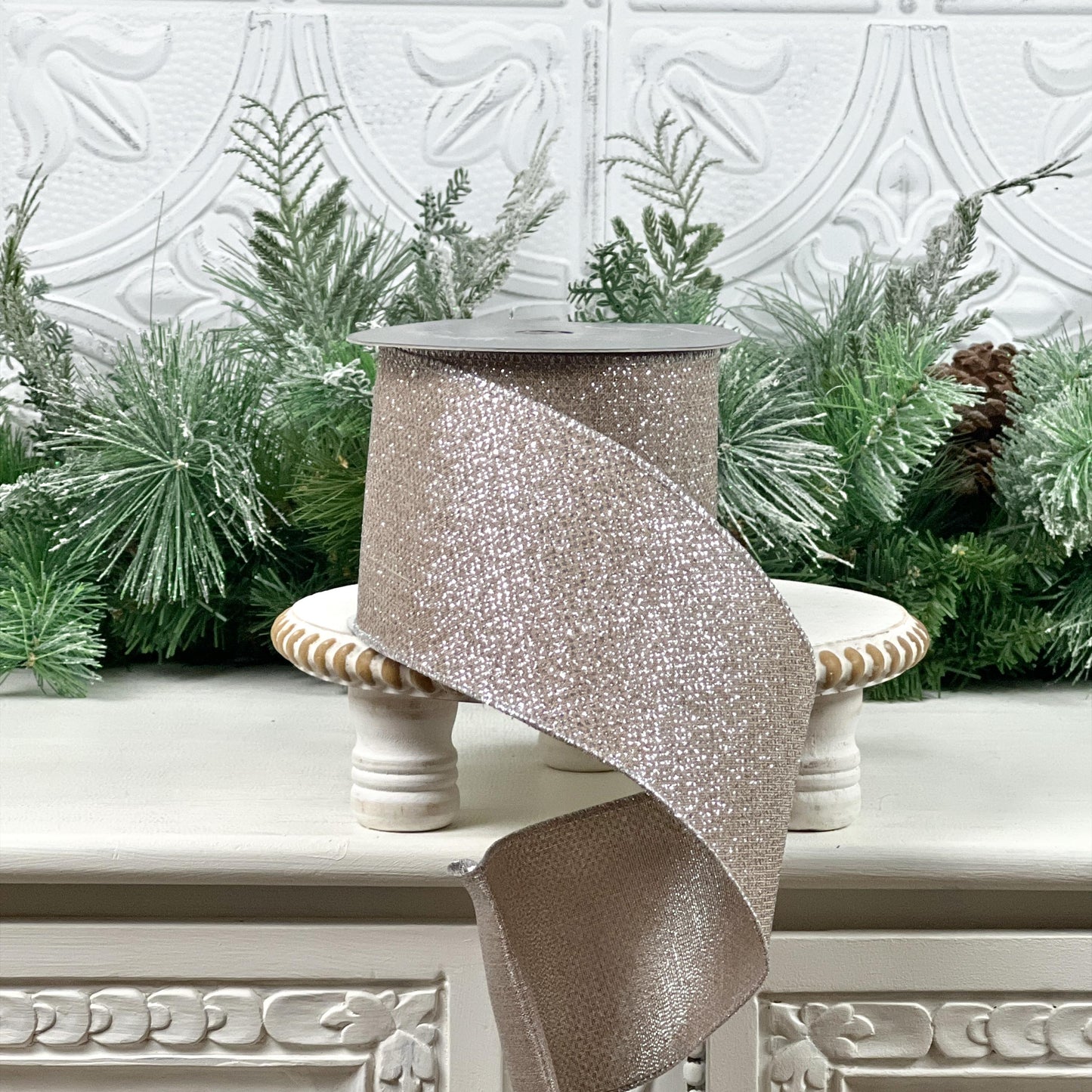 Platinum Glitter Ribbon, Farrisilk Ribbon, Glittered Christmas Ribbon, Elegant Holiday Ribbon, Wedding Bow Ribbon, Wreath Ribbon