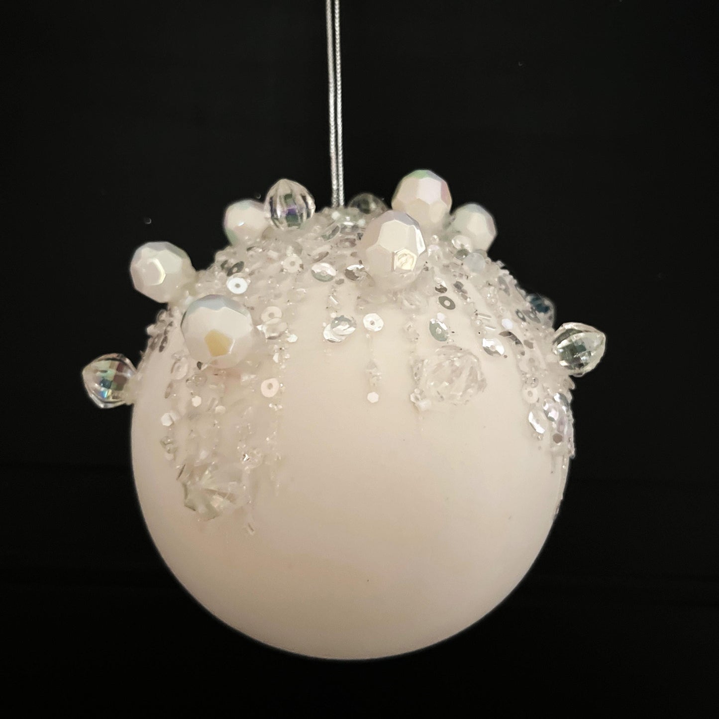 Farrisilk Jeweled Velvet Ornament, White Christmas Ornament, Crystal Drop Ornament, Holiday Tree Decor, Beaded Velvet Ornament