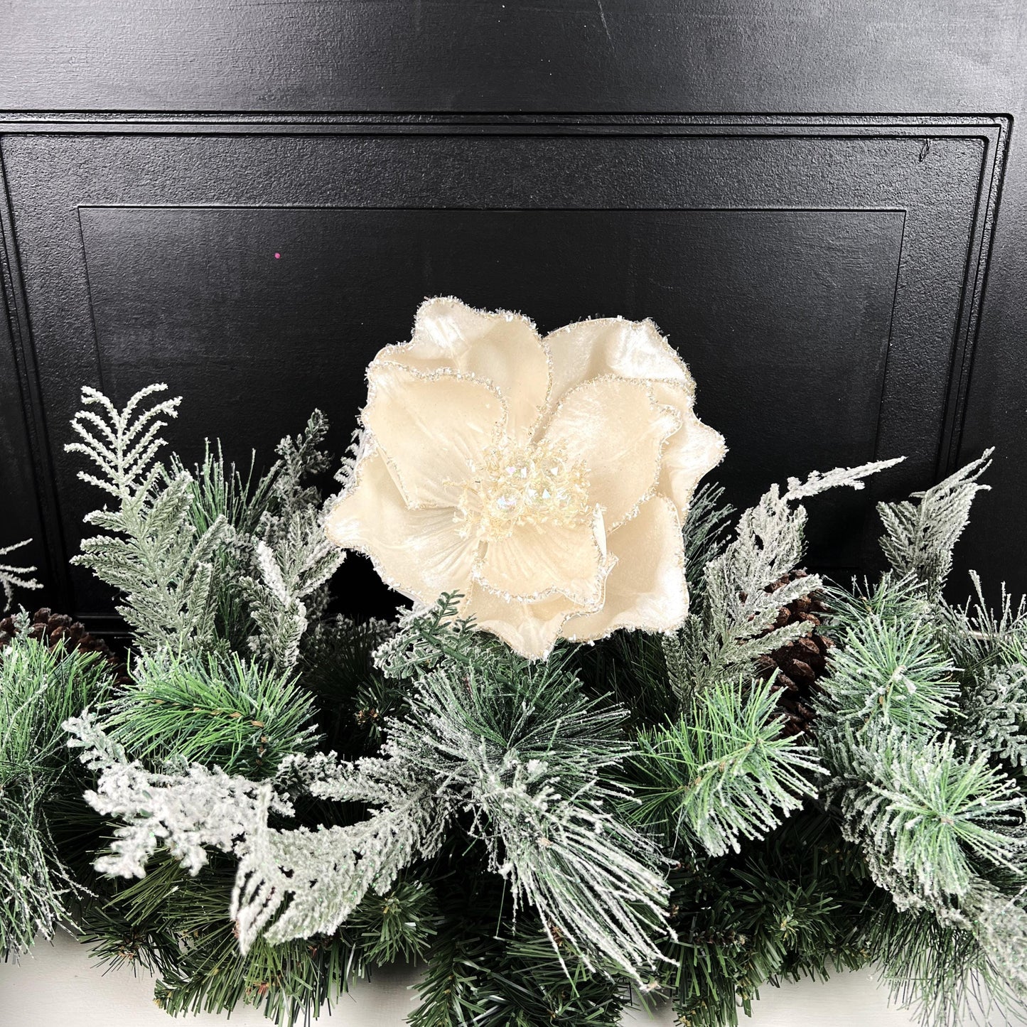 Ivory Magnolia Stem, Jeweled Christmas Flower, Frosted Magnolia Pick, Holiday Floral Accent, Elegant Winter Stem