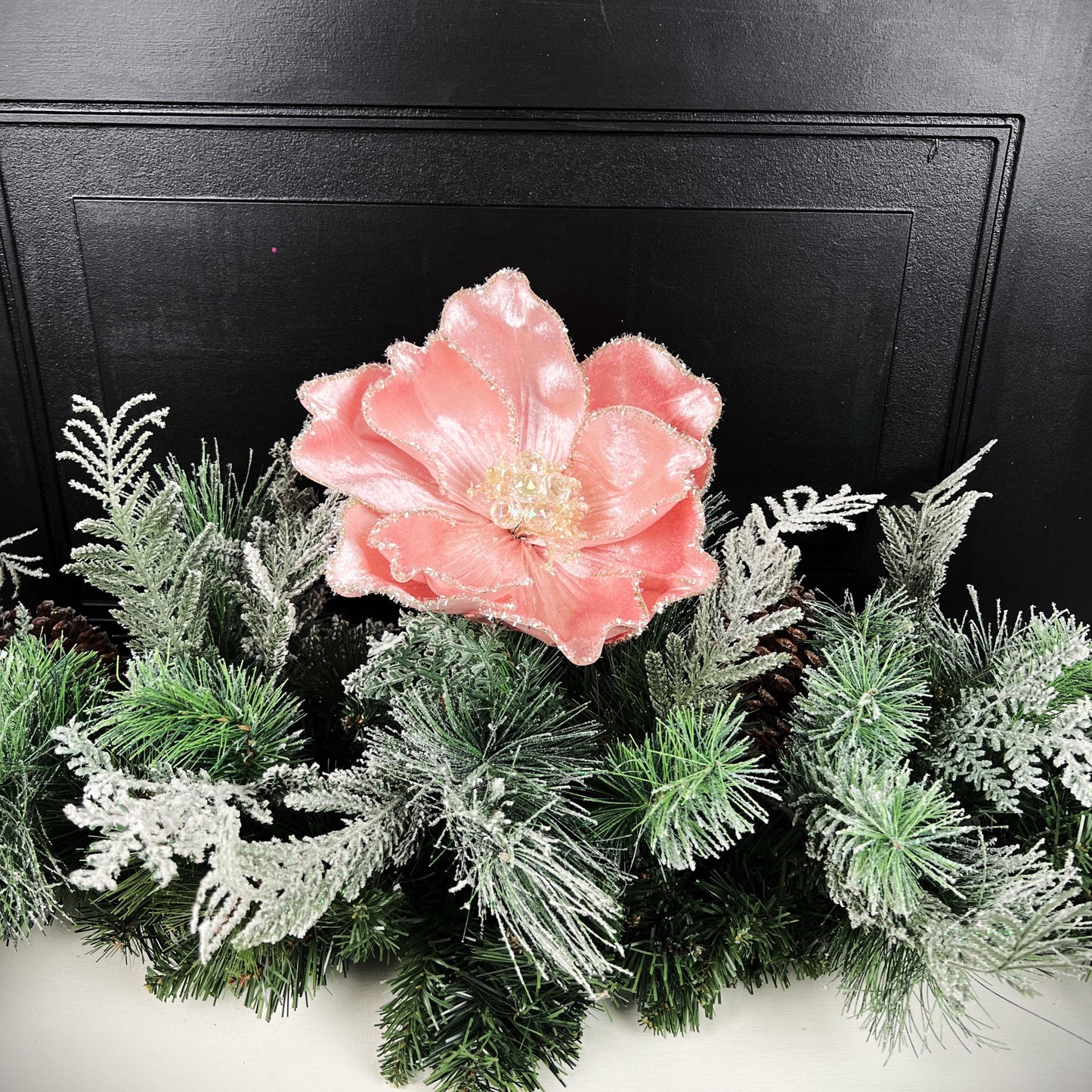 Pink Magnolia Stem, Jeweled Christmas Flower, Frosted Magnolia Pick, Holiday Floral Accent, Elegant Winter Stem, Farrisilk Floral Stem