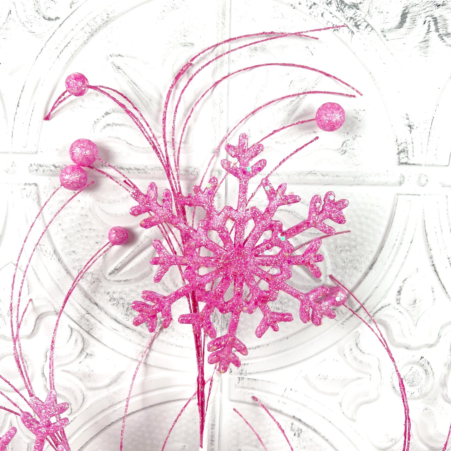 Pink Snowflake Spray, Glittered Christmas Pick, Winter Wonderland Stem, Tree Topper Accent, Elegant Holiday Decor