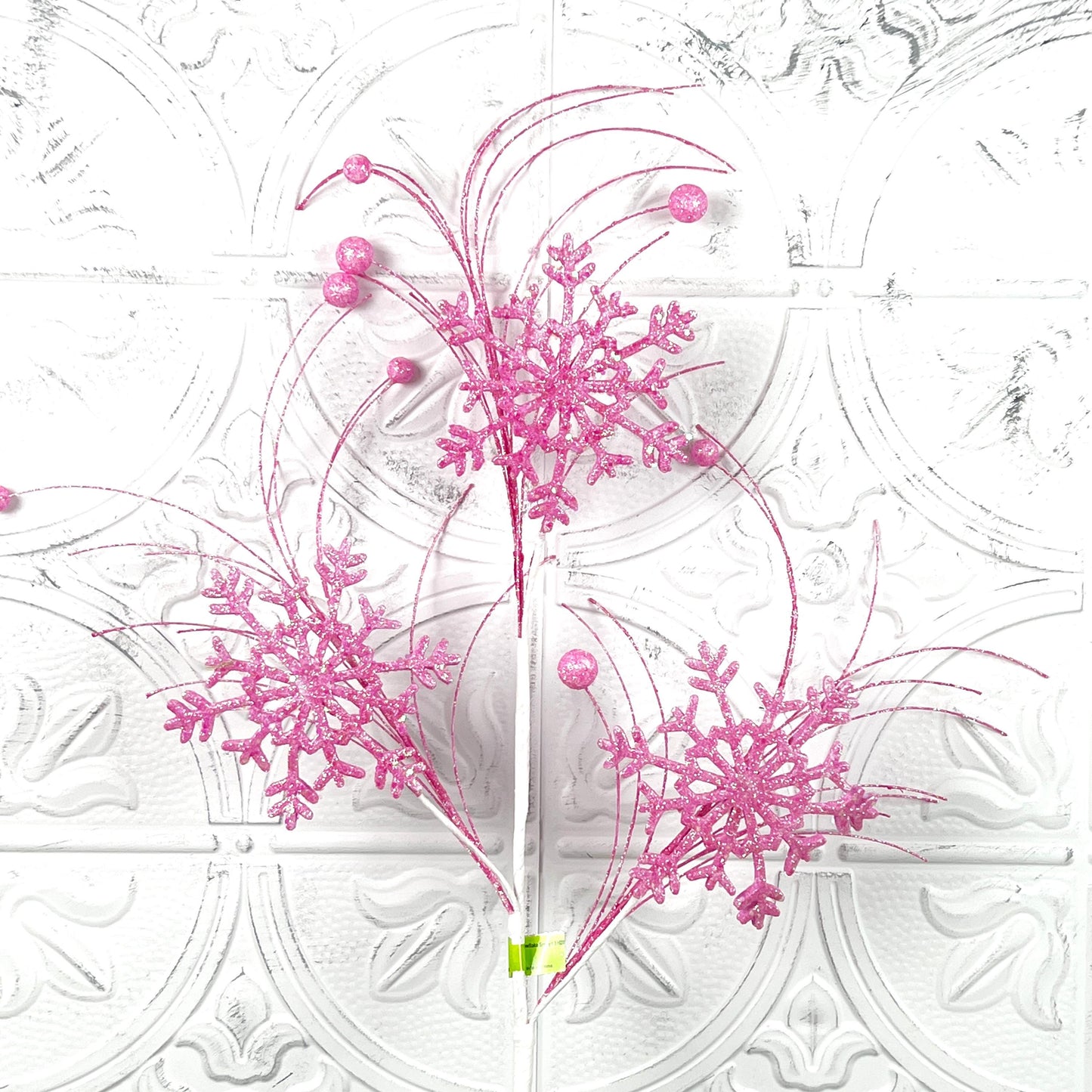 Pink Snowflake Spray, Glittered Christmas Pick, Winter Wonderland Stem, Tree Topper Accent, Elegant Holiday Decor