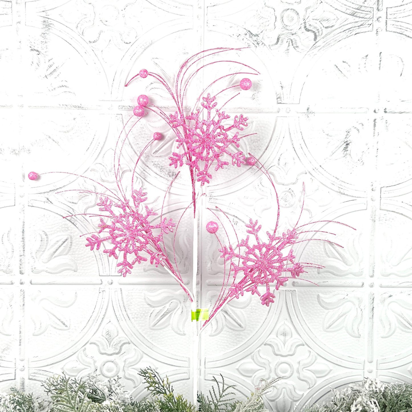 Pink Snowflake Spray, Glittered Christmas Pick, Winter Wonderland Stem, Tree Topper Accent, Elegant Holiday Decor