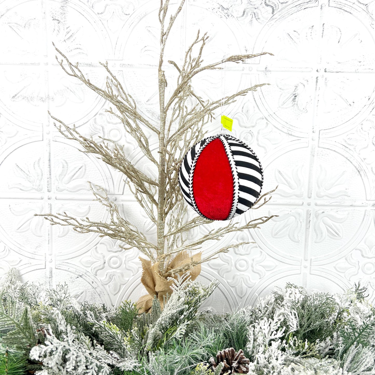 Striped Ornament Ball, Red Black White Christmas Ornament, Designer Holiday Decor, Tree Accent Ornament, Modern Fabric Ornament
