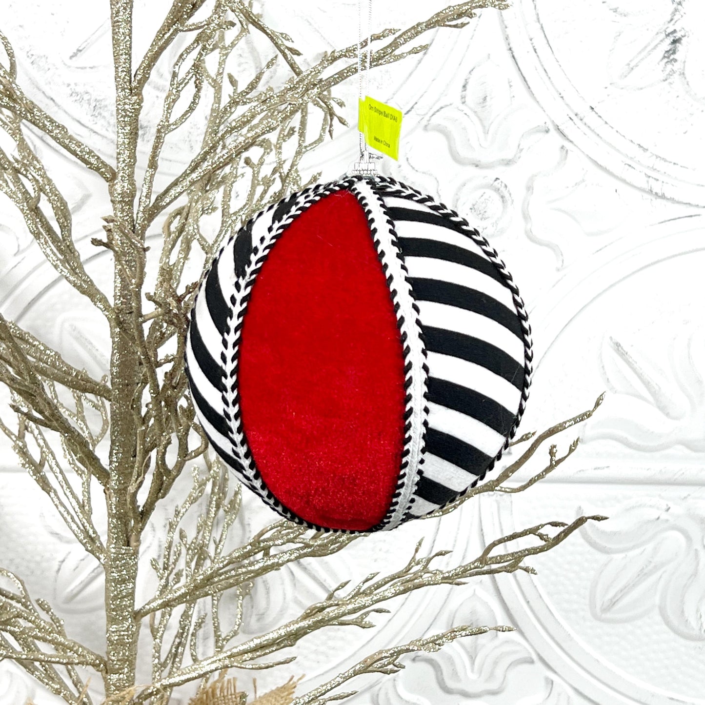 Striped Ornament Ball, Red Black White Christmas Ornament, Designer Holiday Decor, Tree Accent Ornament, Modern Fabric Ornament