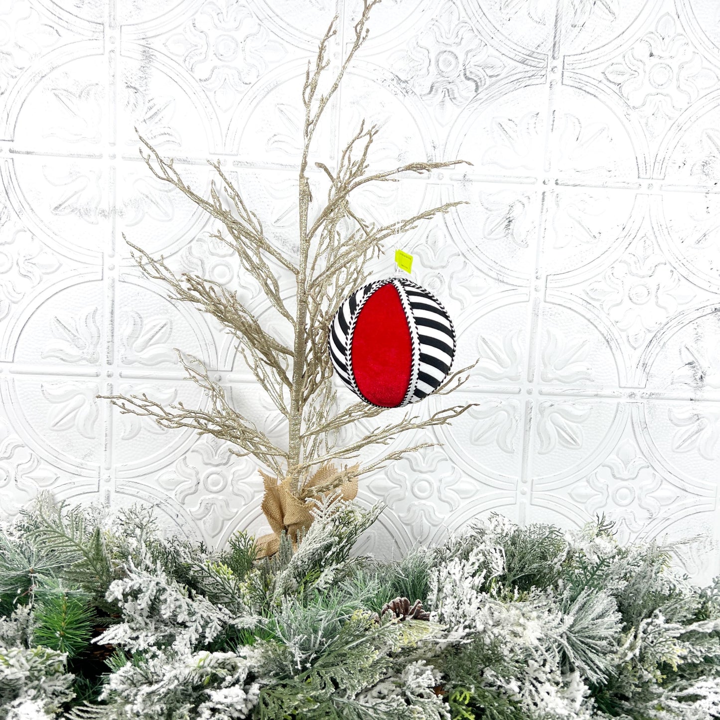 Striped Ornament Ball, Red Black White Christmas Ornament, Designer Holiday Decor, Tree Accent Ornament, Modern Fabric Ornament