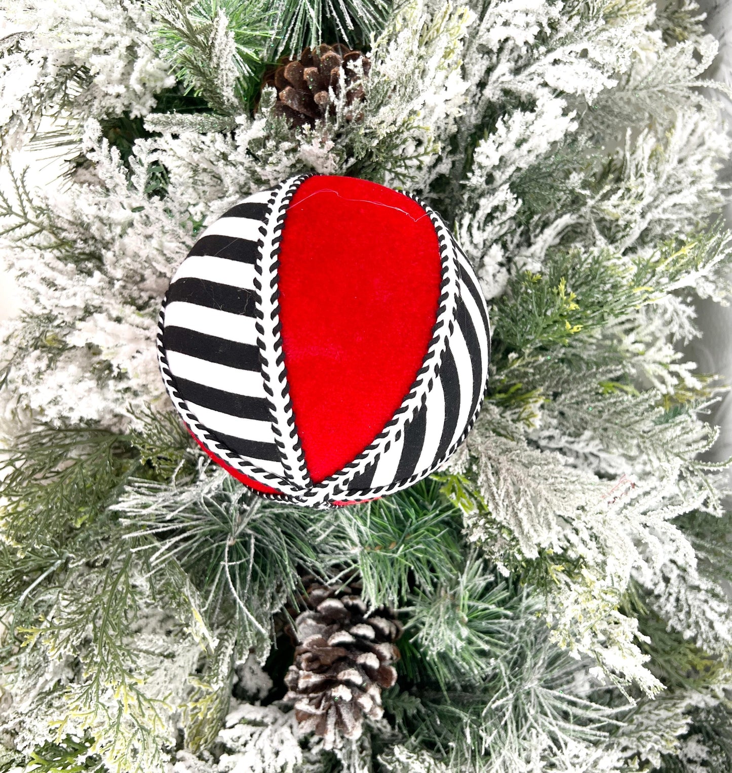 Striped Ornament Ball, Red Black White Christmas Ornament, Designer Holiday Decor, Tree Accent Ornament, Modern Fabric Ornament