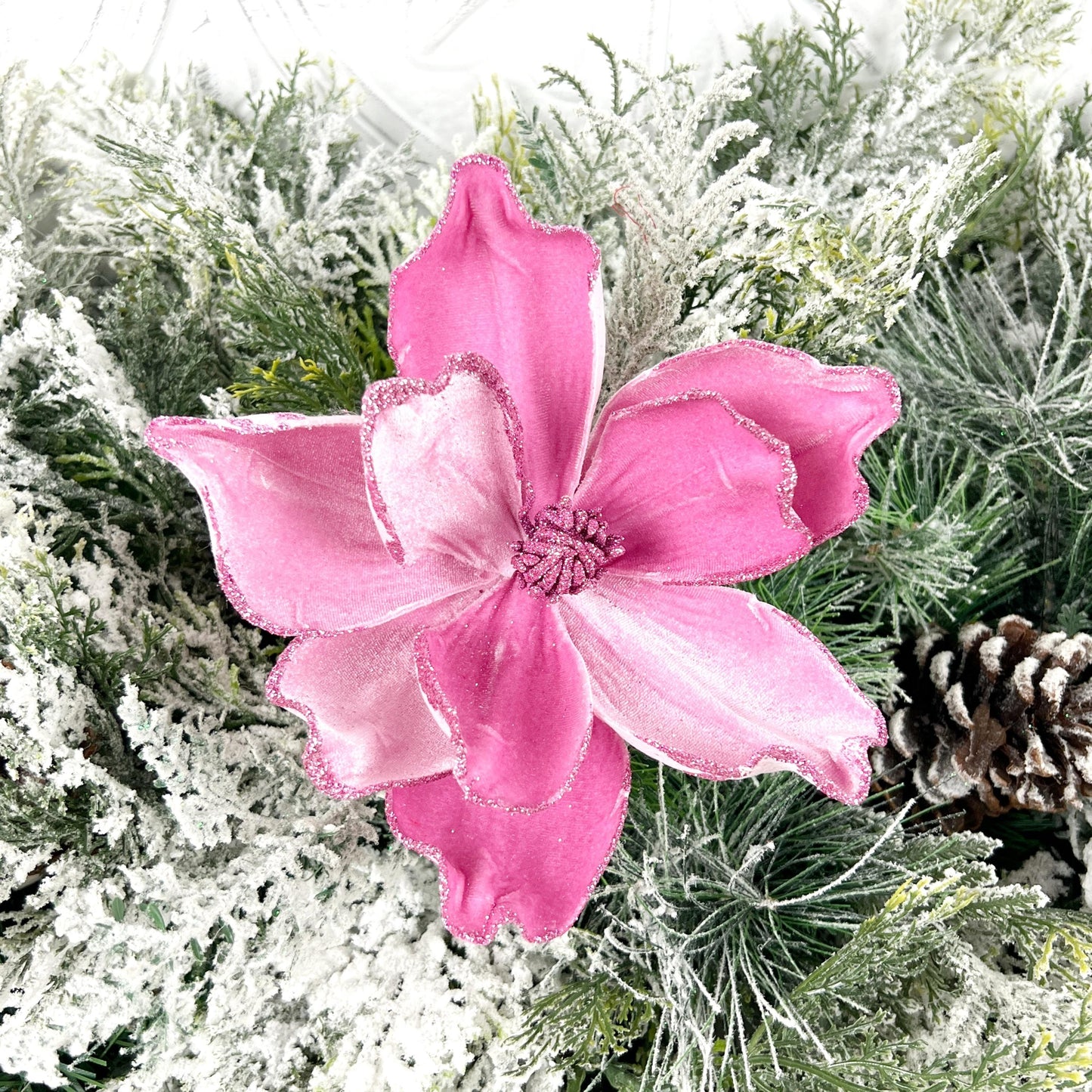Velvet Magnolia Pick, Pink Magnolia Floral, Glitter Edge Flower Pick, Holiday Wreath Accent, Elegant Tree Decoration