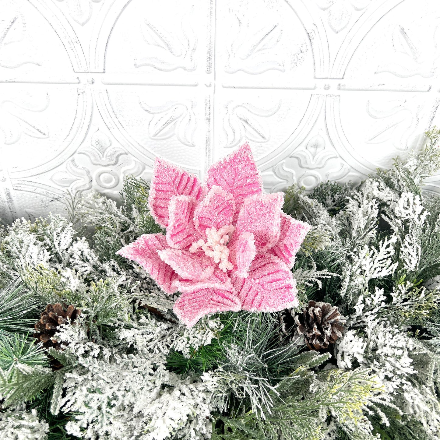 Icy Pink Poinsettia Stem, Beaded Christmas Flower, Pink Holiday Floral Pick, Winter Wedding Stem, Luxury Tree Accent