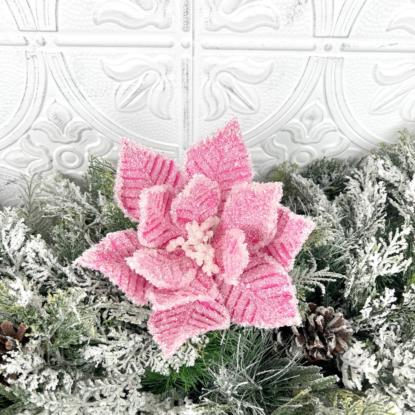 Icy Pink Poinsettia Stem, Beaded Christmas Flower, Pink Holiday Floral Pick, Winter Wedding Stem, Luxury Tree Accent