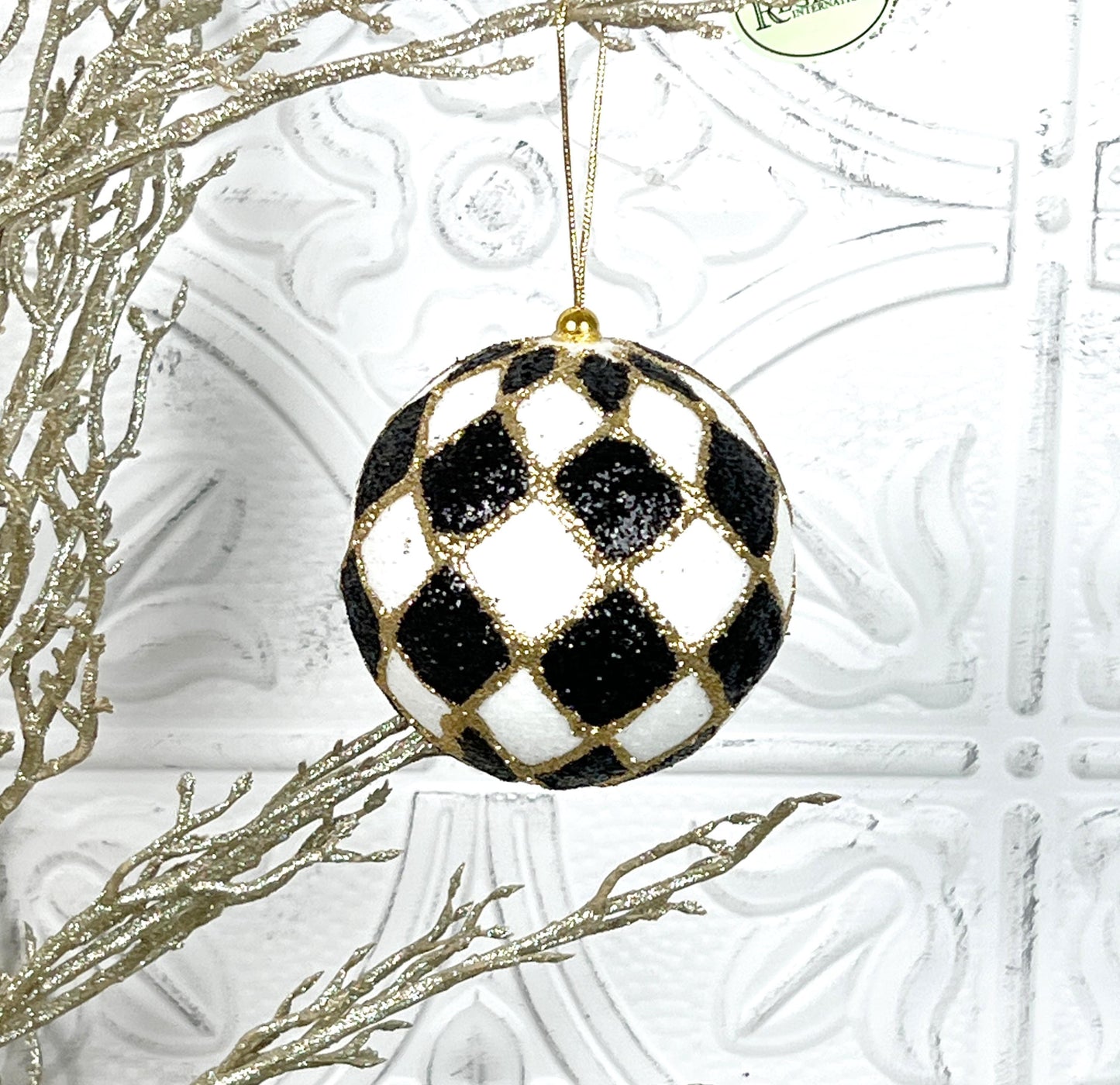Harlequin Ball Ornament, Black and White Christmas Ornament, Shatterproof Tree Ornament, Jester Bauble, Designer Holiday Decor