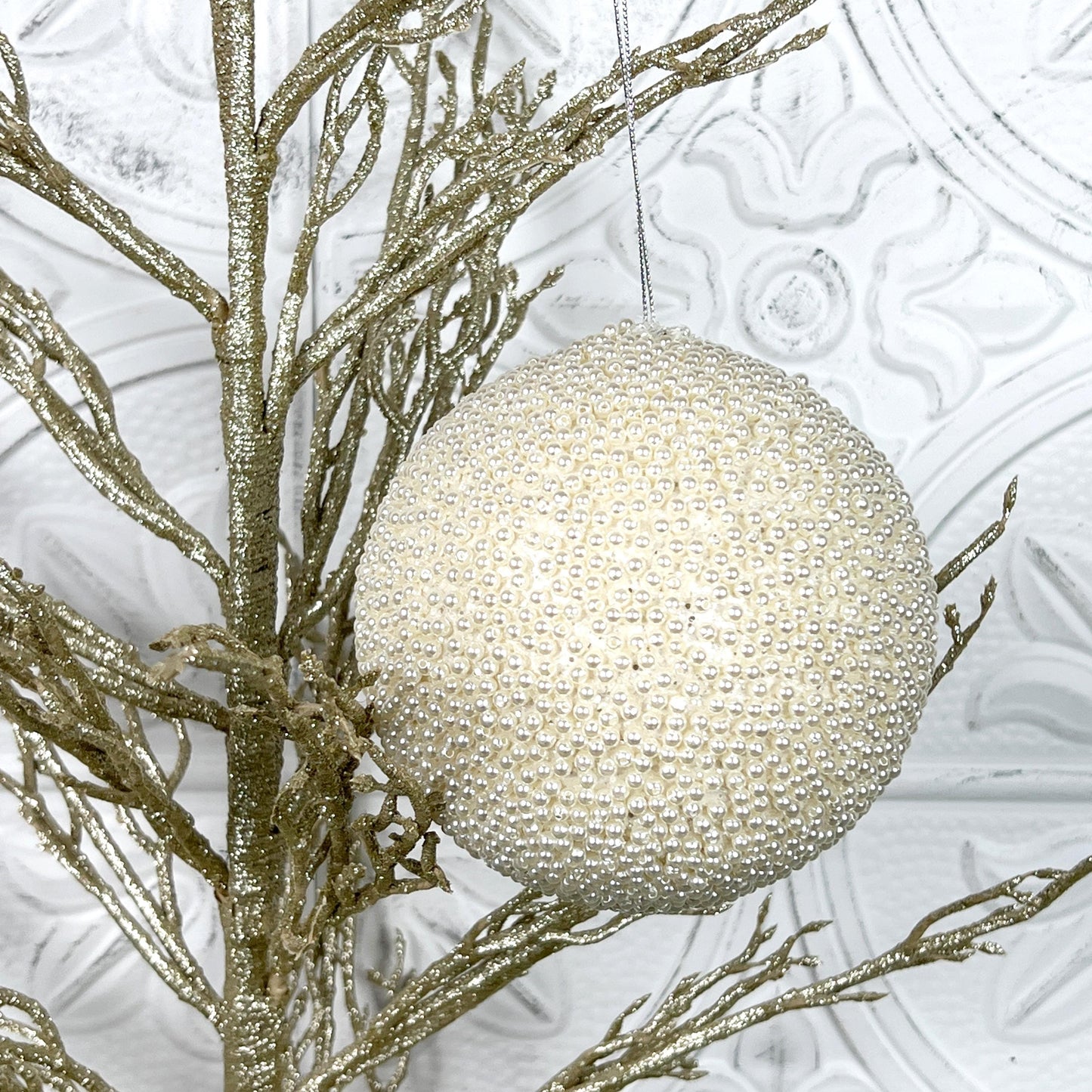 Pearl Glitter Ornament, Jeweled Ornament, Ivory Holiday Ball, Elegant Tree Ornament, Winter Wedding Decor, Luxury Christmas Bauble
