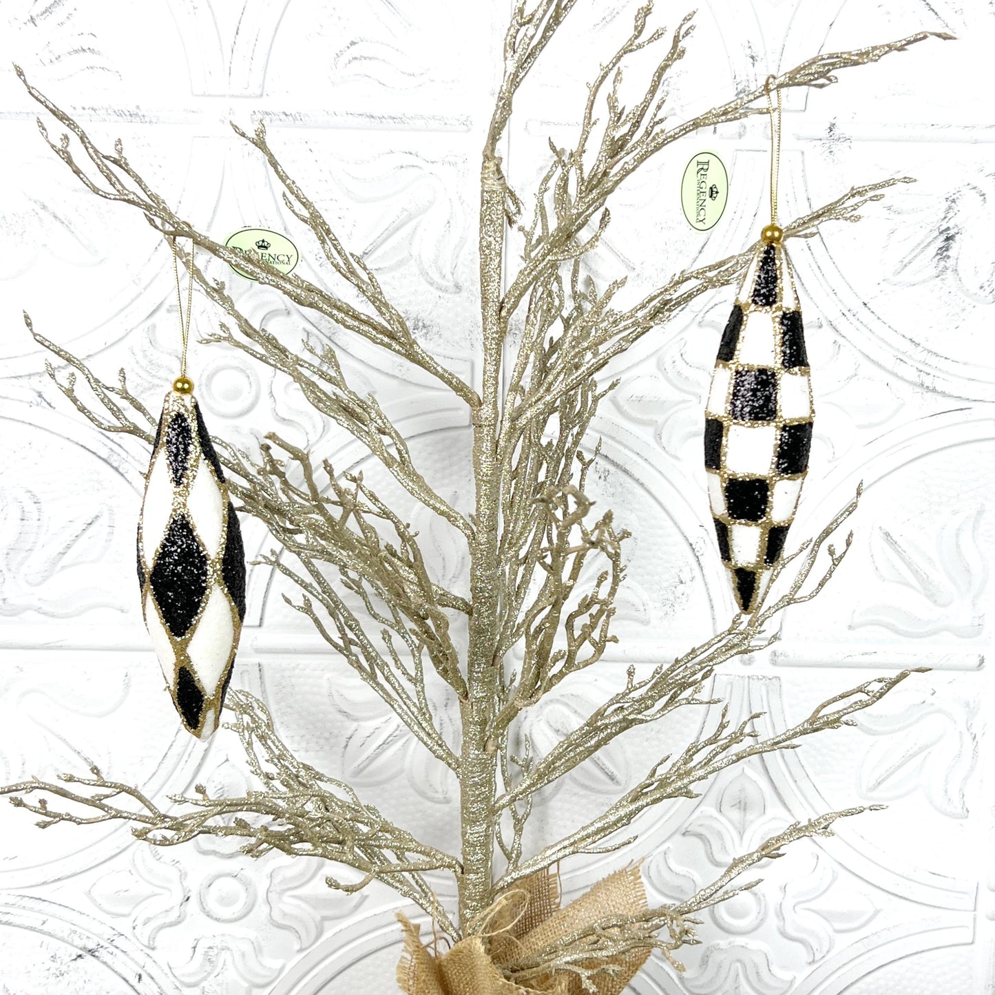Harlequin Ornament Set, Check Drop Christmas Decor, Black and White Finial Ornament, Glittered Bauble Set, Shatterproof Holiday Ornament