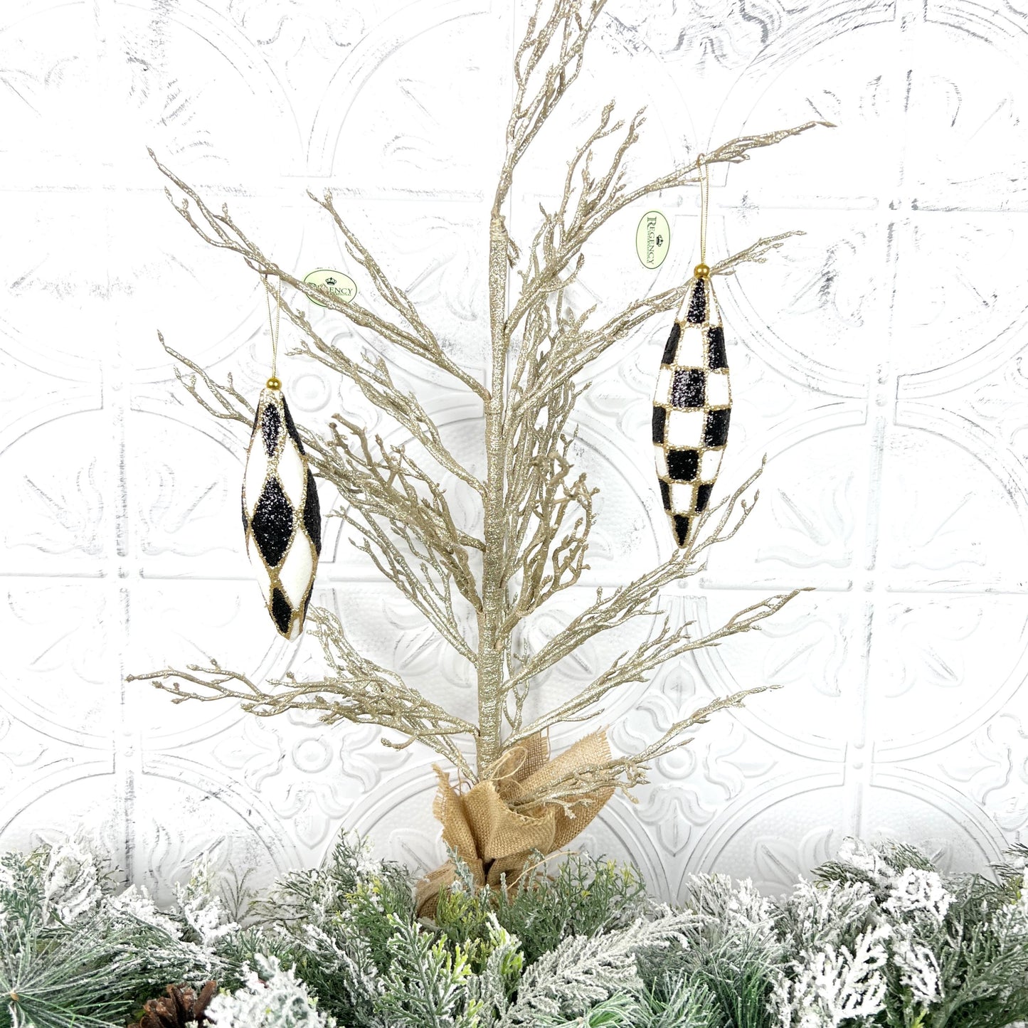 Harlequin Ornament Set, Check Drop Christmas Decor, Black and White Finial Ornament, Glittered Bauble Set, Shatterproof Holiday Ornament