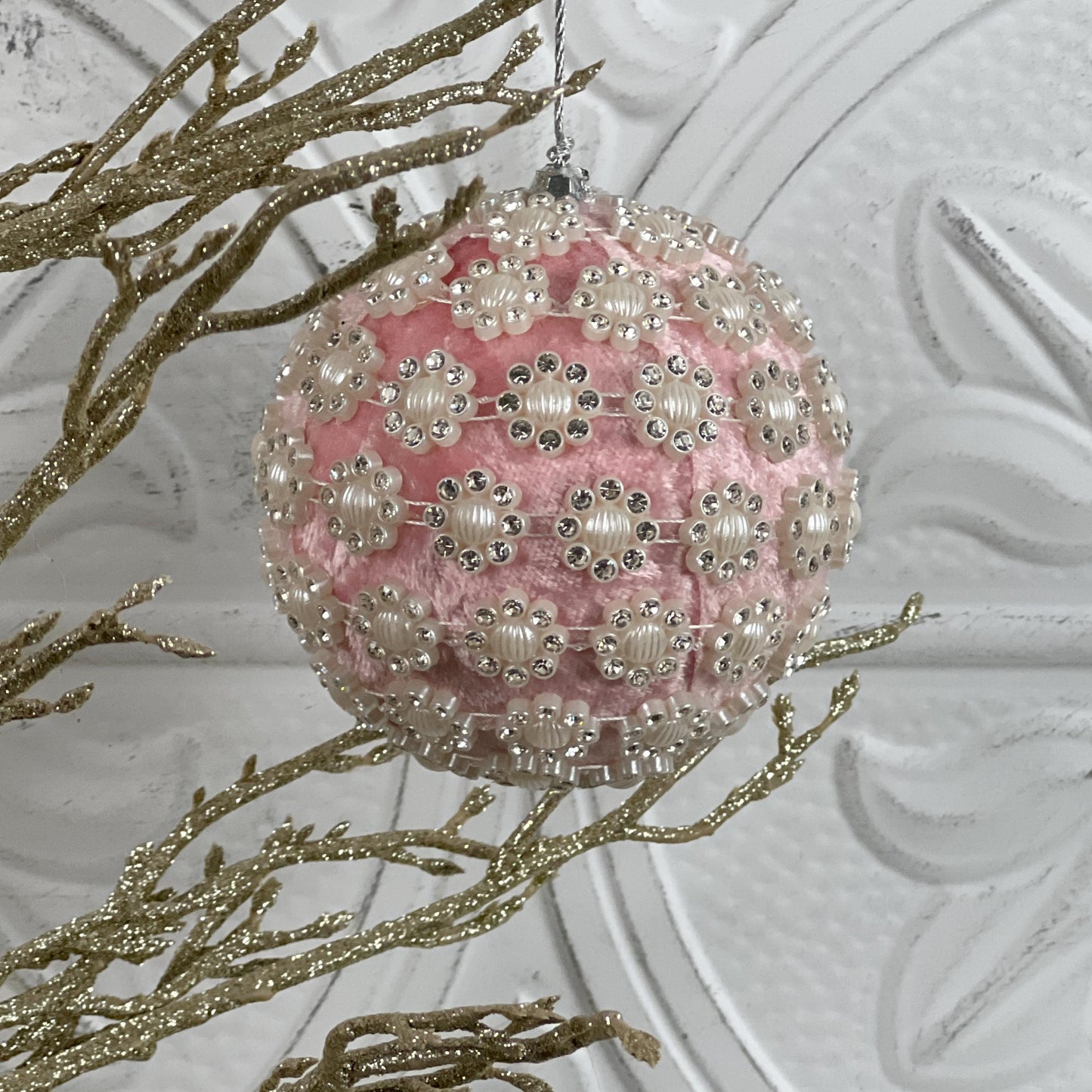 Velvet Jewel Flower Ornament, Pink Vintage Style Bauble, Beaded Holiday Ornament, Shatterproof Christmas Decor, Wedding Tree Accent