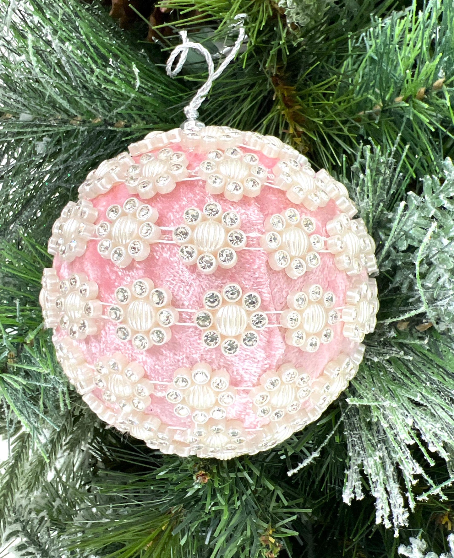 Velvet Jewel Flower Ornament, Pink Vintage Style Bauble, Beaded Holiday Ornament, Shatterproof Christmas Decor, Wedding Tree Accent