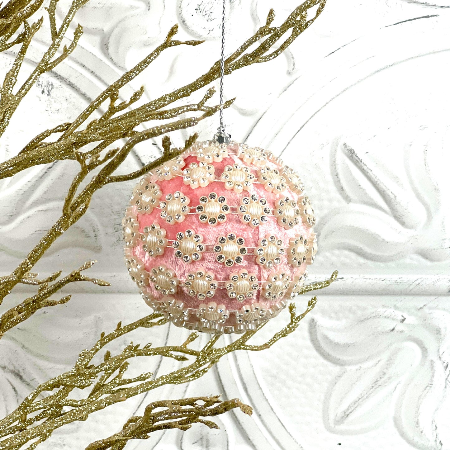 Velvet Jewel Flower Ornament, Pink Vintage Style Bauble, Beaded Holiday Ornament, Shatterproof Christmas Decor, Wedding Tree Accent