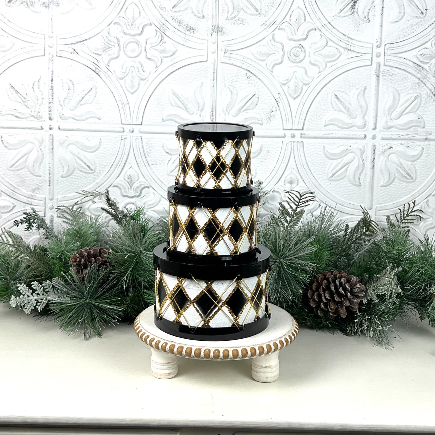 Black and White Drum Set, Glitter Holiday Drums, Stacking Christmas Decor, Harlequin Display Boxes, Elegant Drum Ornaments