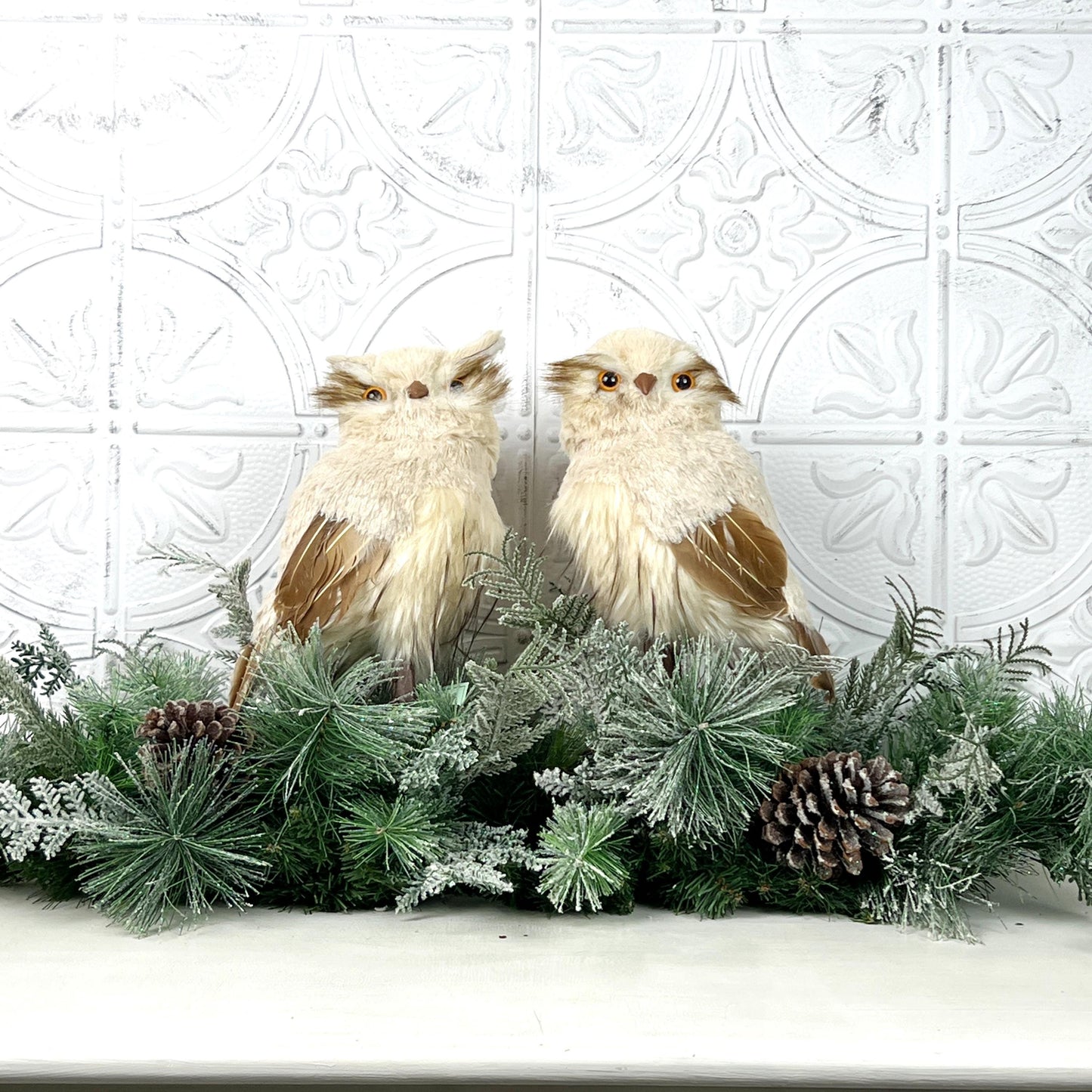 Natural Snow Owl Set, Realistic Winter Owl Decor, Woodland Christmas Owl Pair, Holiday Bird Decorations, Rustic Luxury Owl Accents