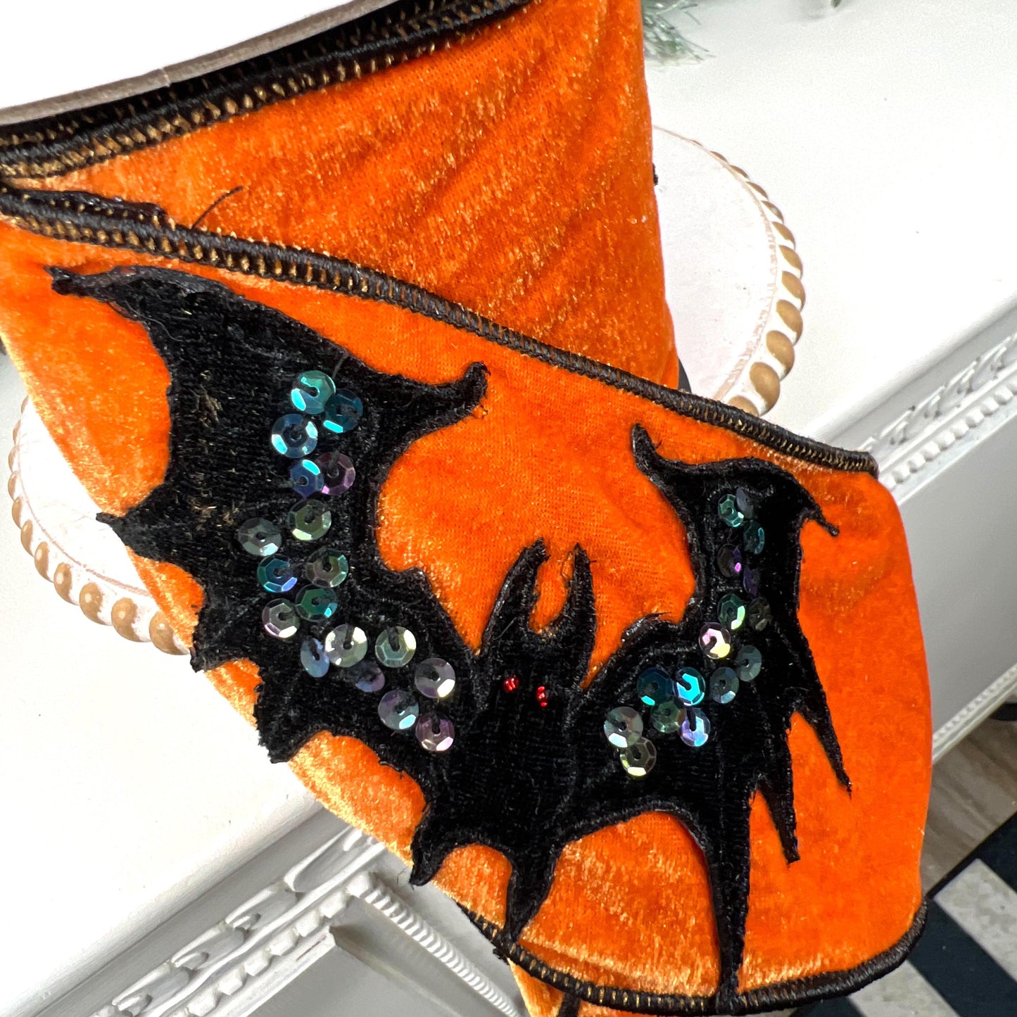 Orange Velvet Halloween Ribbon, Sequin Bat Ribbon, Luxury Halloween Decor, Designer Halloween Ribbon, Black and Orange Ribbon