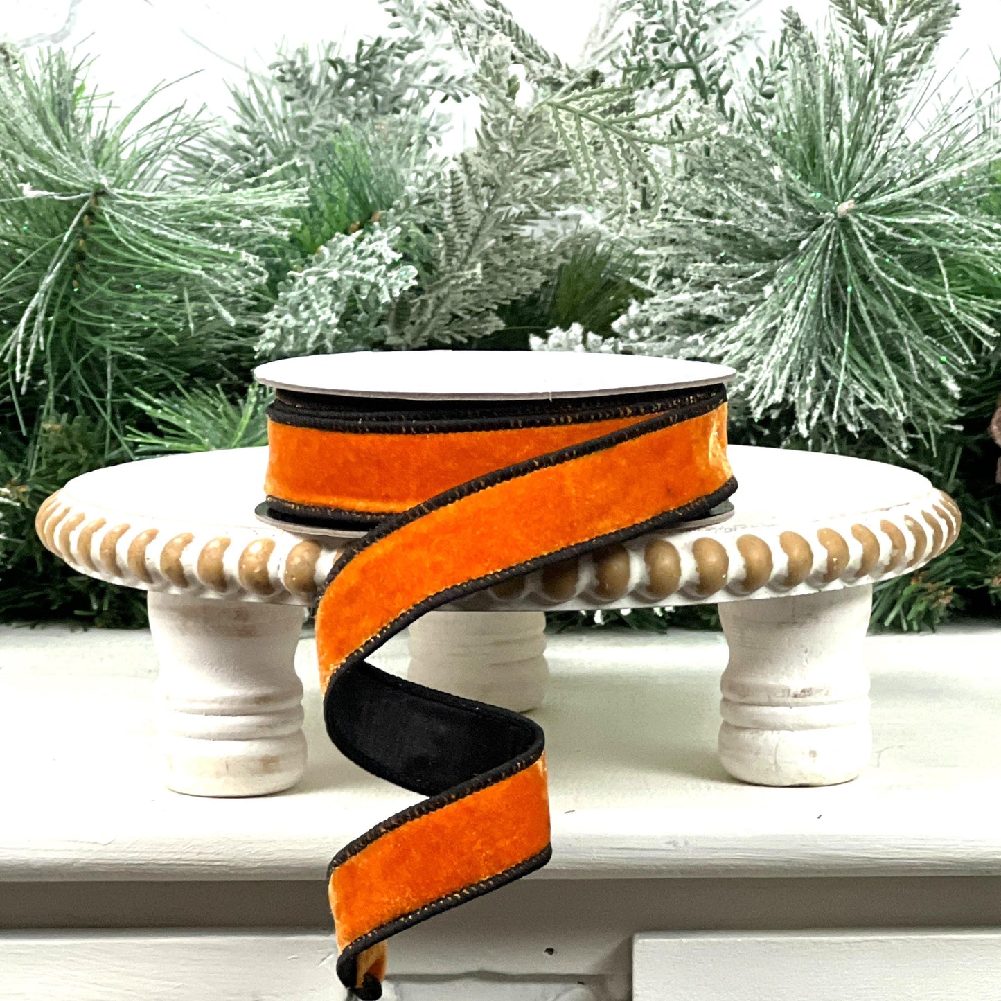 Orange and Black Velvet Ribbon, Fall Velvet Ribbon, Halloween Designer Ribbon, Black Edge Velvet Trim, Wired Velvet Ribbon