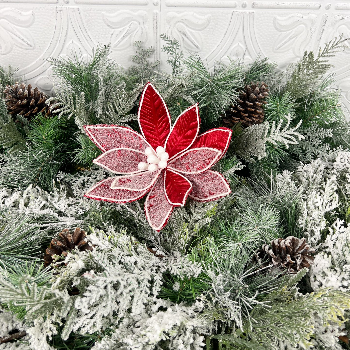 Frosted Poinsettia Stem, Red Poinsettia Stem, Christmas Floral, Holiday Wreath Attachment, Winter Wedding Decor, Red & White Poinsettia Stem