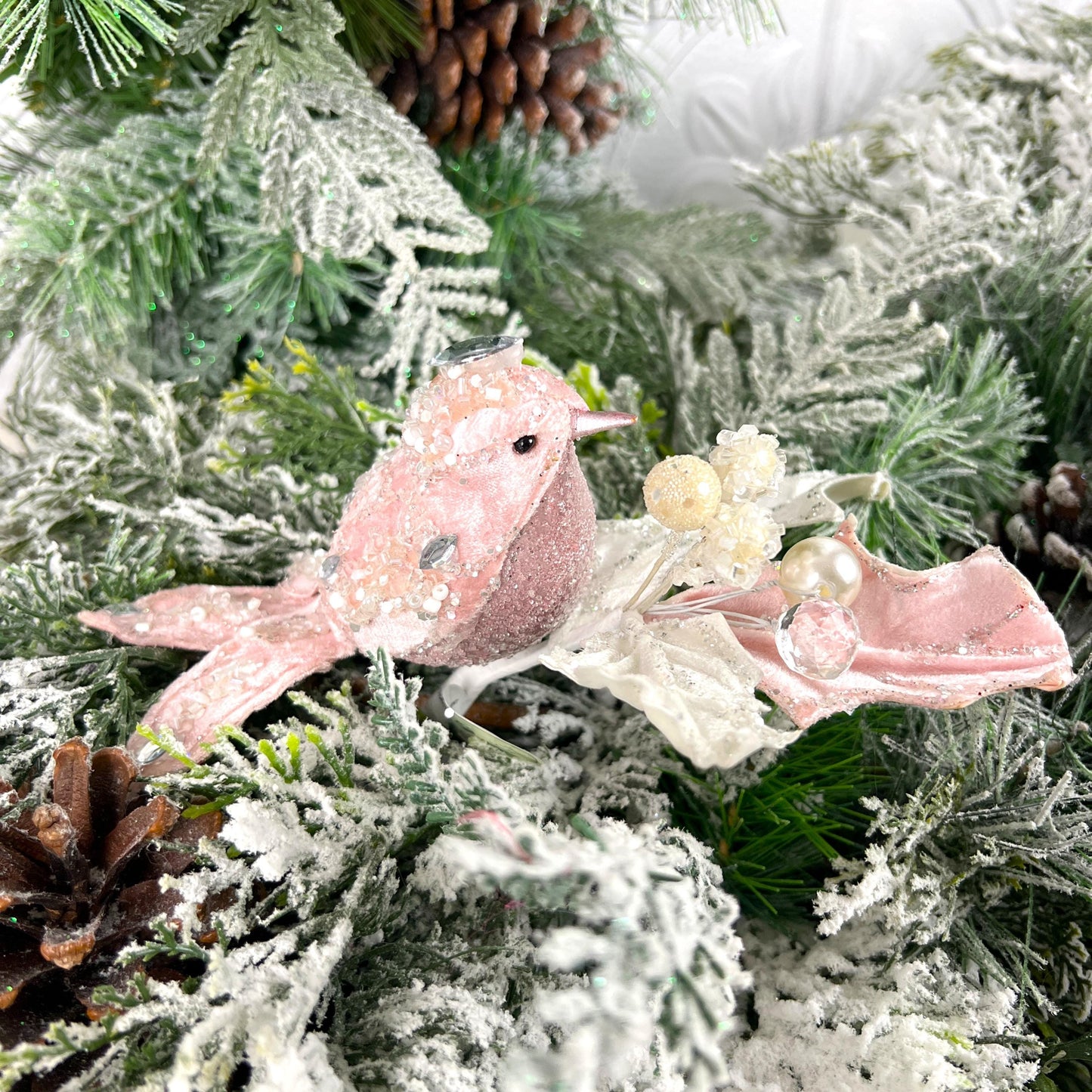Jeweled Bird Clip Ornament, Pink and Cream Holly Ornament, Holiday Bird Decoration, Wedding Clip Ornament, Luxury Tree Accent