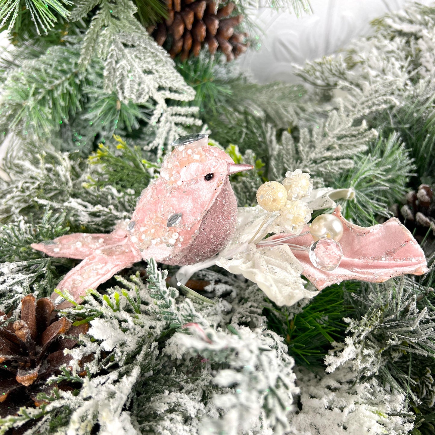 Jeweled Bird Clip Ornament, Pink and Cream Holly Ornament, Holiday Bird Decoration, Wedding Clip Ornament, Luxury Tree Accent