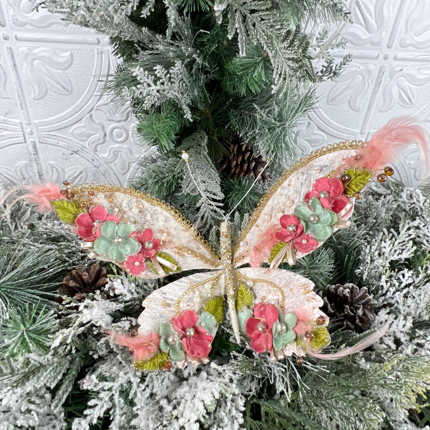 Floral Butterfly Ornament, Glitter Garden Butterfly, Pink Mint Gold Clip, Fairy Tree Decoration, Wedding Butterfly Clip