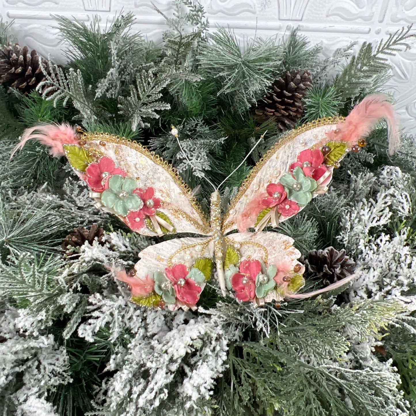 Floral Butterfly Ornament, Glitter Garden Butterfly, Pink Mint Gold Clip, Fairy Tree Decoration, Wedding Butterfly Clip
