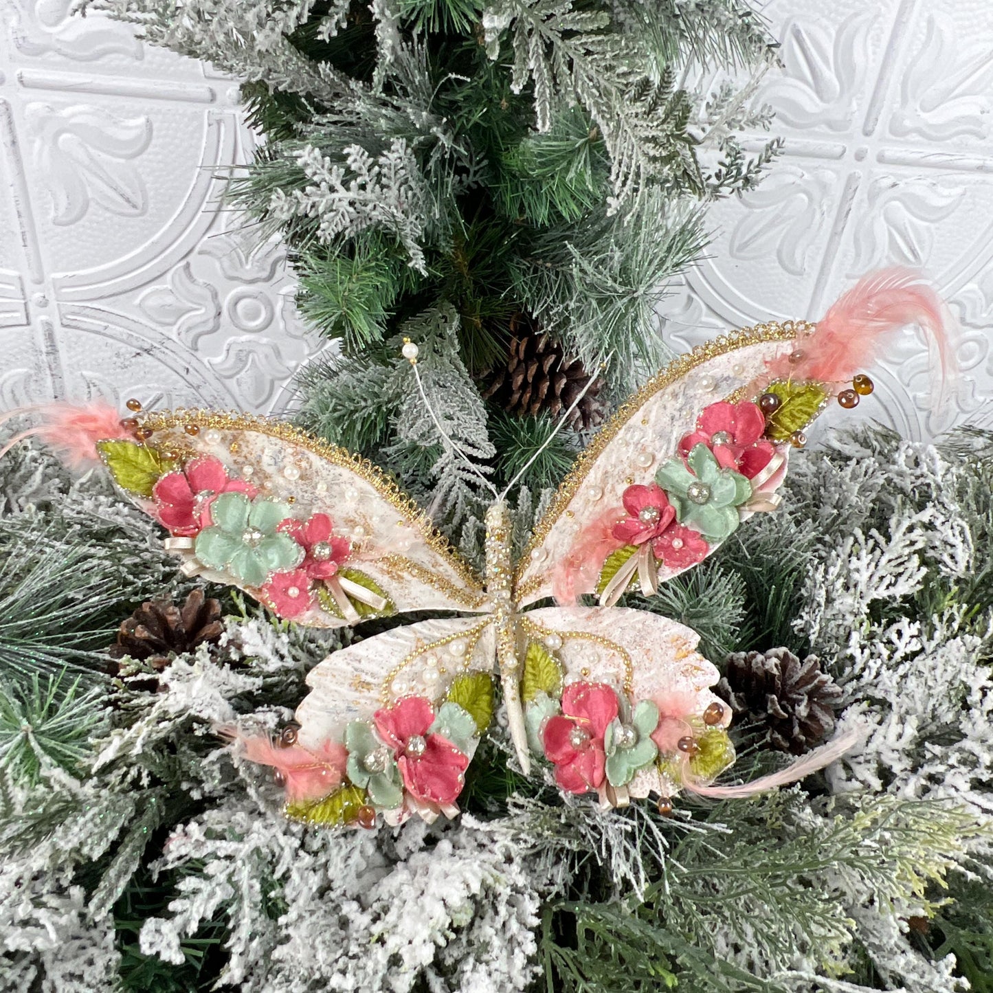 Floral Butterfly Ornament, Glitter Garden Butterfly, Pink Mint Gold Clip, Fairy Tree Decoration, Wedding Butterfly Clip