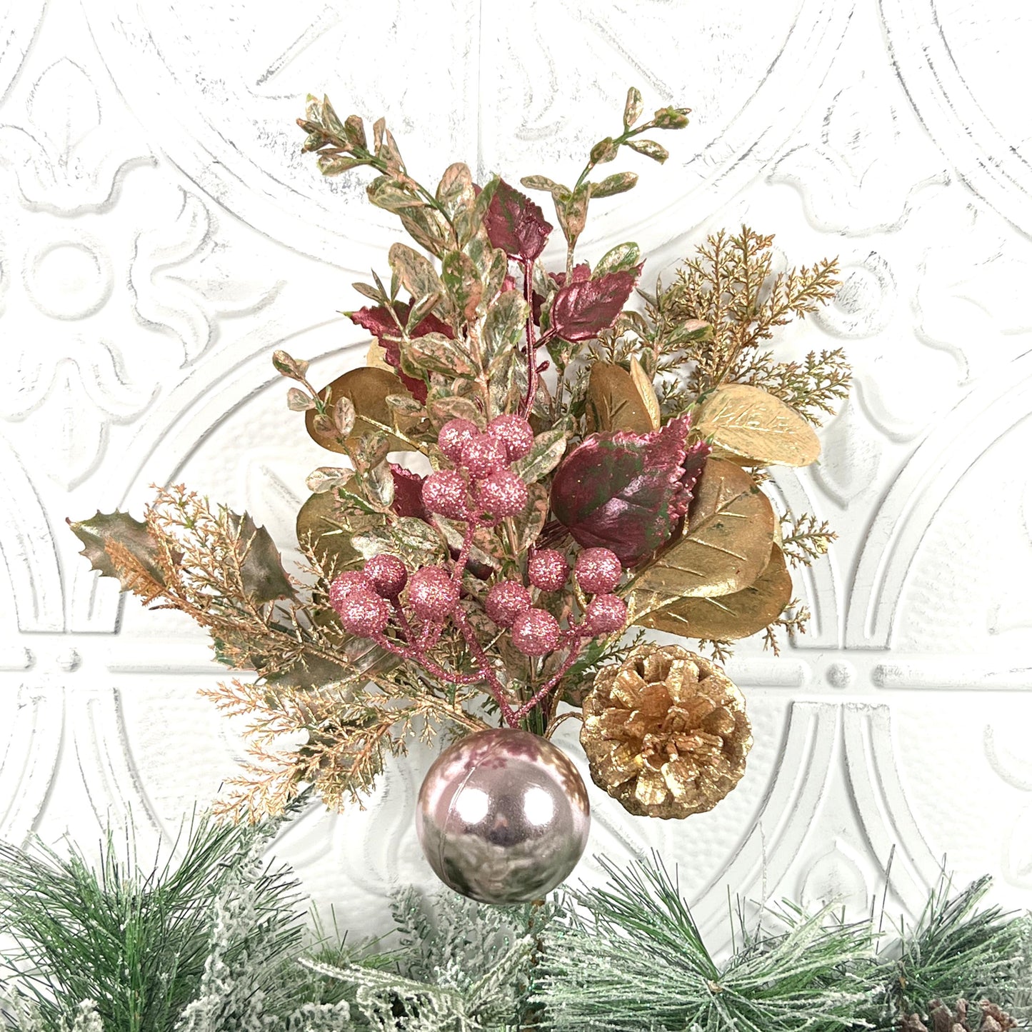 18" Pink and Gold Glitter Leaf Berry and Cone Spray, Gold Glitter Leaf Spray with Pink Berries and Ornaments, Pine Cone and Berry Stem