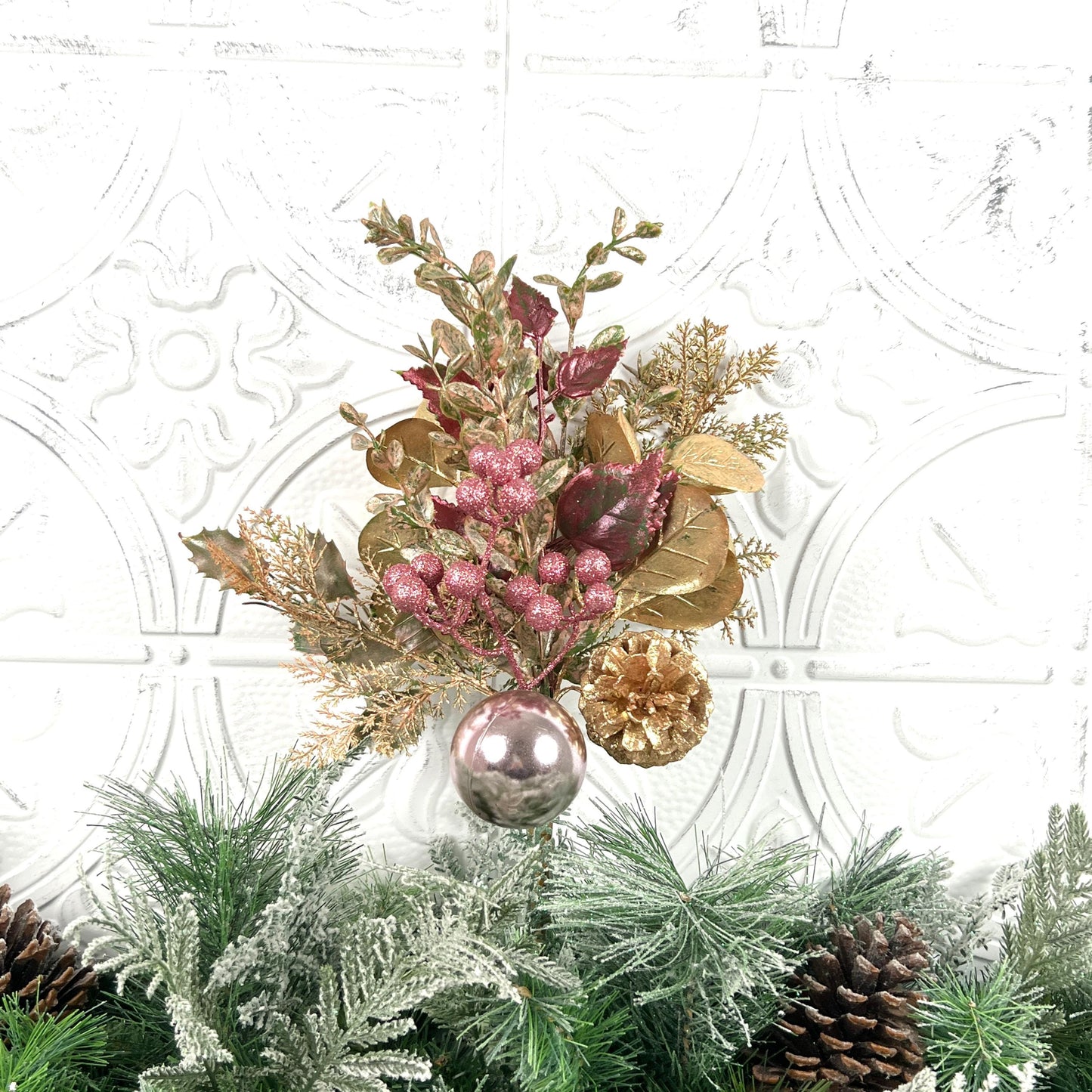 18" Pink and Gold Glitter Leaf Berry and Cone Spray, Gold Glitter Leaf Spray with Pink Berries and Ornaments, Pine Cone and Berry Stem