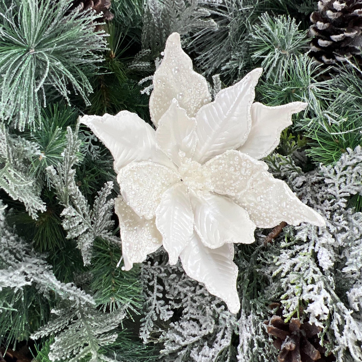 Ivory Pearl Poinsettia Stem, Beaded Holiday Floral, White Glitter Poinsettia, Christmas Flower Pick, Wedding Floral, Wreath Attachment