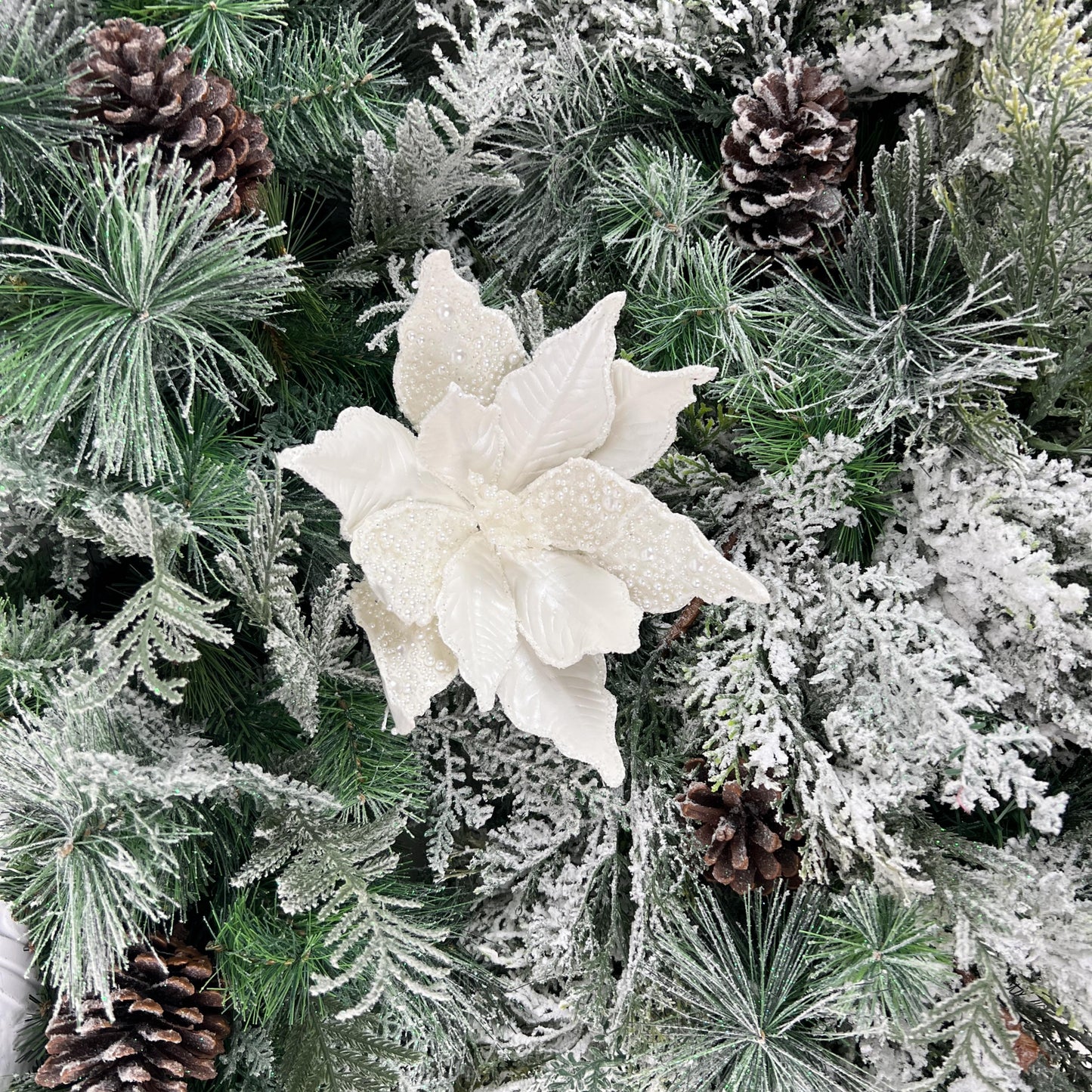 Ivory Pearl Poinsettia Stem, Beaded Holiday Floral, White Glitter Poinsettia, Christmas Flower Pick, Wedding Floral, Wreath Attachment