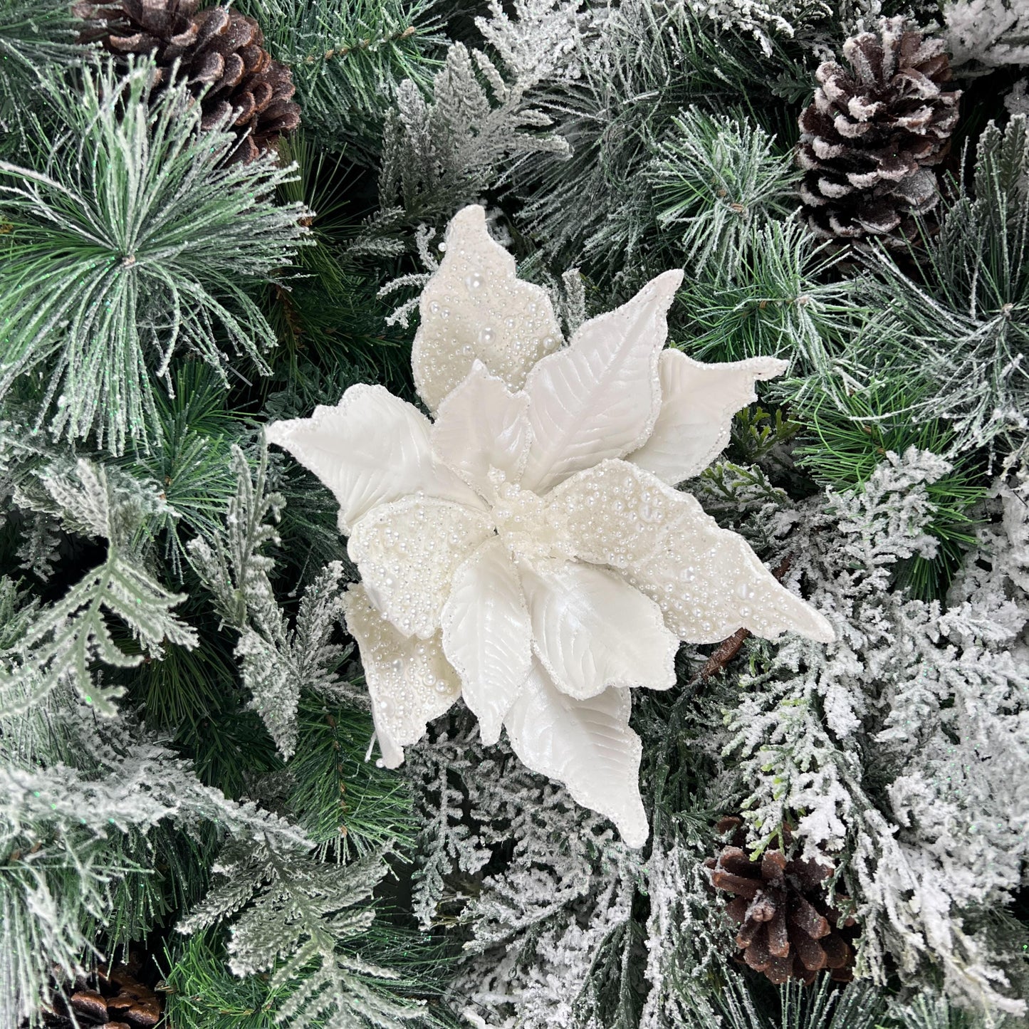 Ivory Pearl Poinsettia Stem, Beaded Holiday Floral, White Glitter Poinsettia, Christmas Flower Pick, Wedding Floral, Wreath Attachment