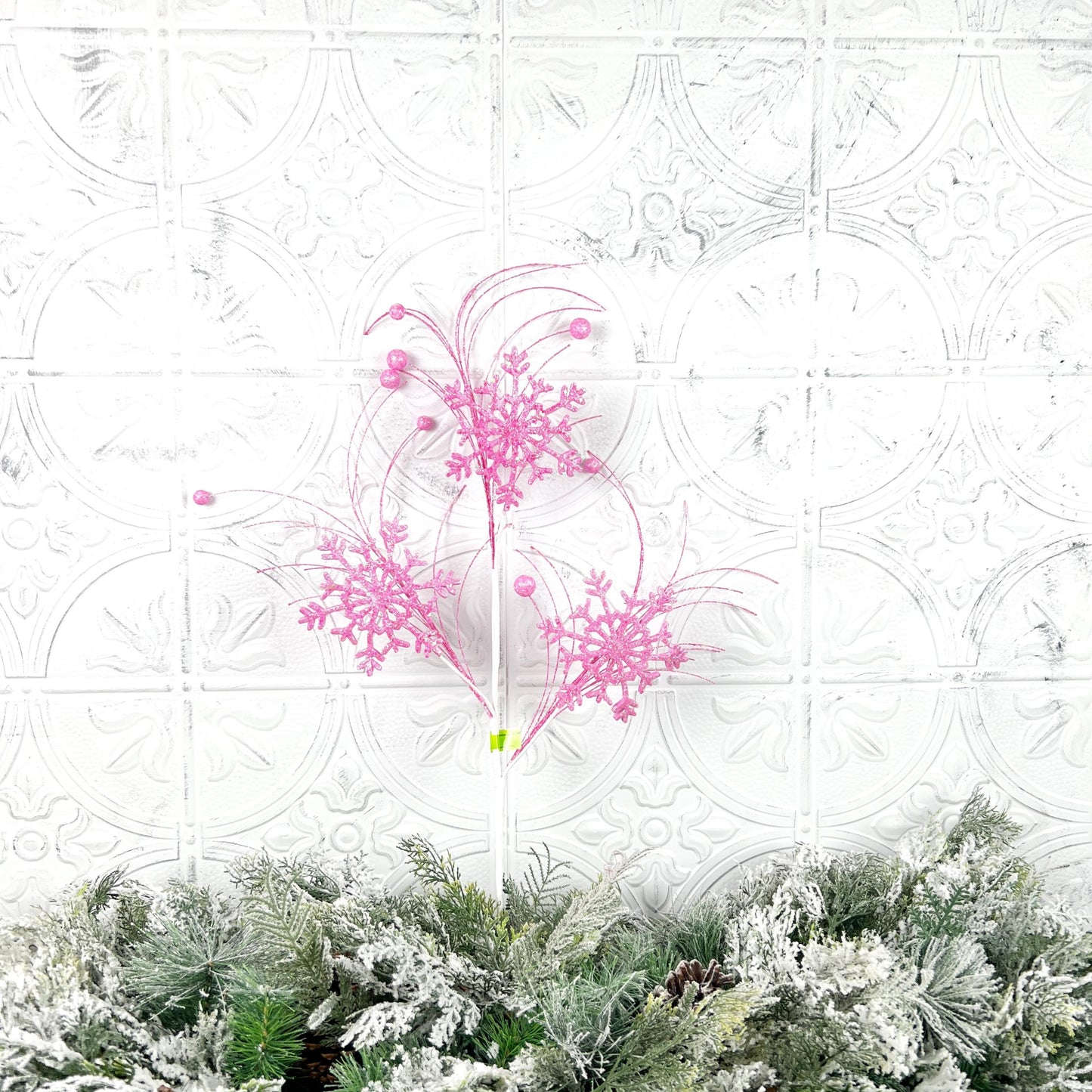 Pink Snowflake Spray, Glittered Christmas Pick, Winter Wonderland Stem, Tree Topper Accent, Elegant Holiday Decor