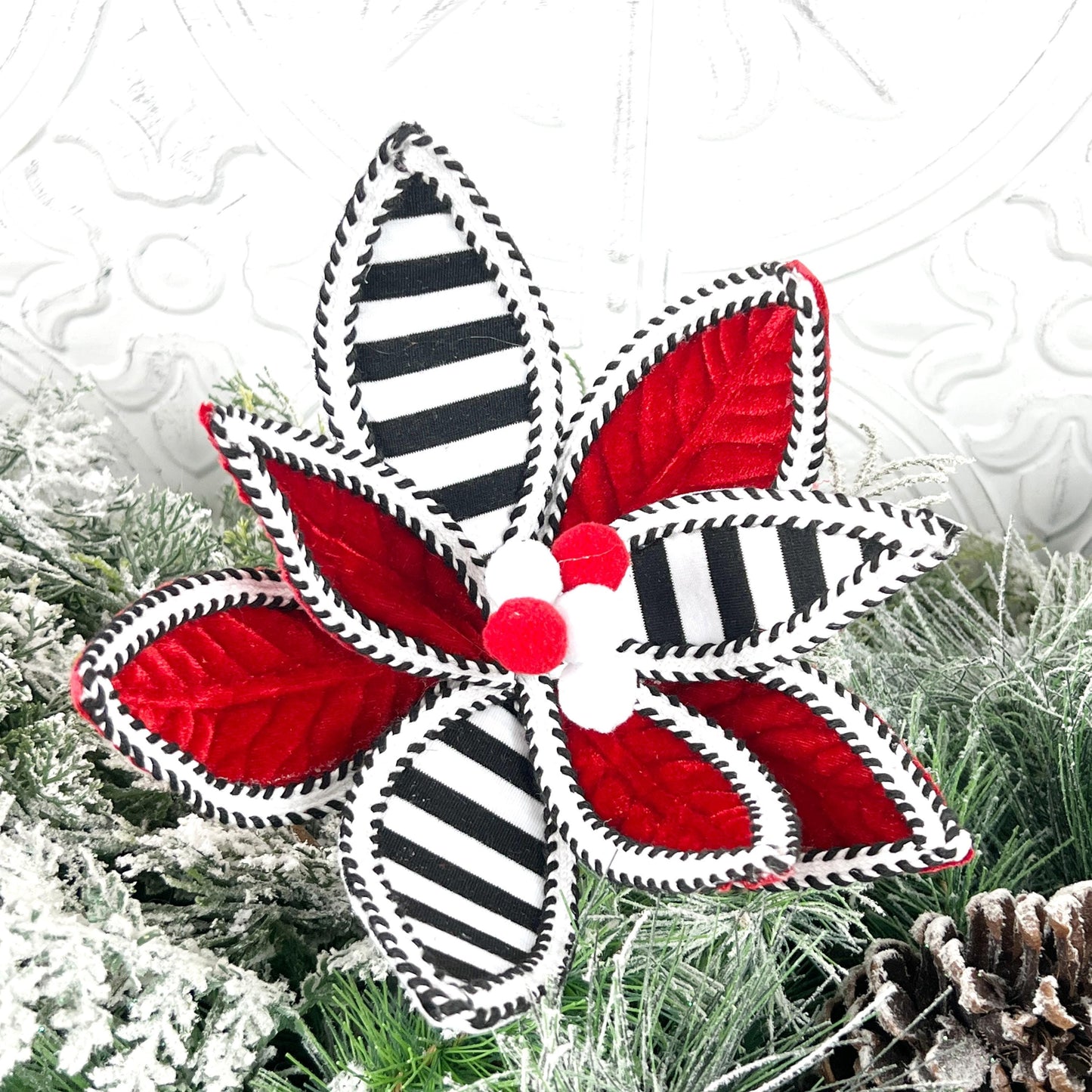 Striped Poinsettia Stem, Red Black White Christmas Pick, Velvet Holiday Floral, Modern Wreath Accent, Elegant Tree Decor