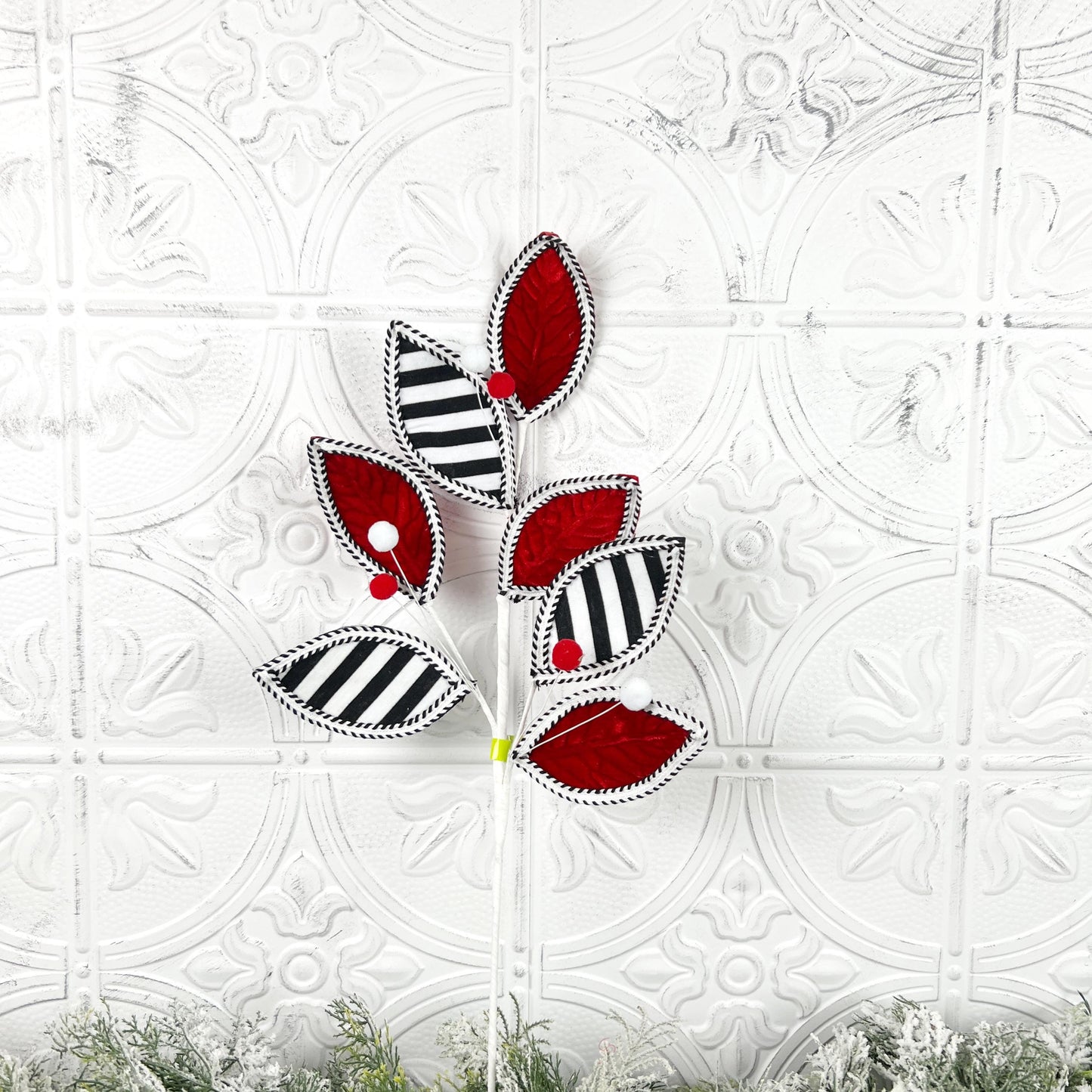 Striped Leaves and Ball Spray, Red Black White Holiday Stem, Christmas Tree Floral Pick, Modern Wreath Accent, Designer Holiday Decor