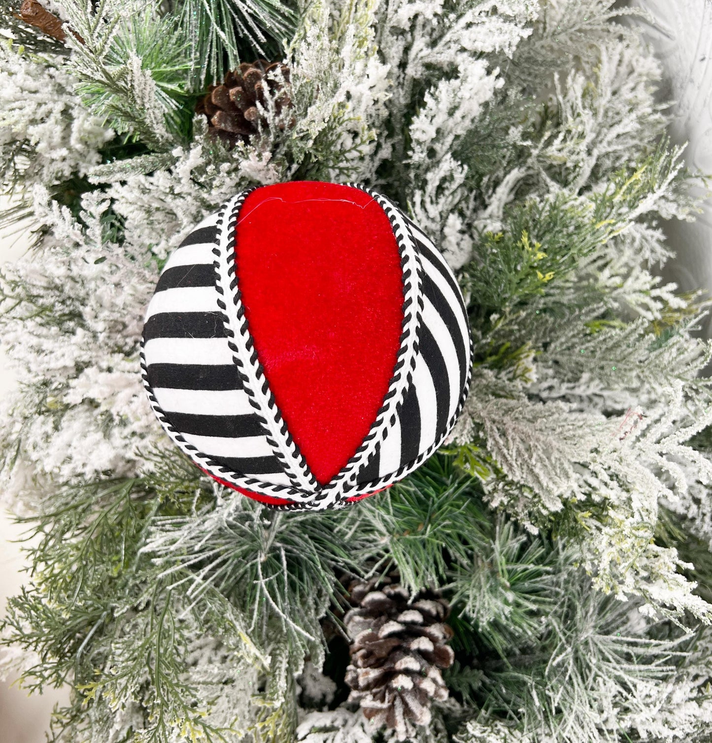 Striped Ornament Ball, Red Black White Christmas Ornament, Designer Holiday Decor, Tree Accent Ornament, Modern Fabric Ornament