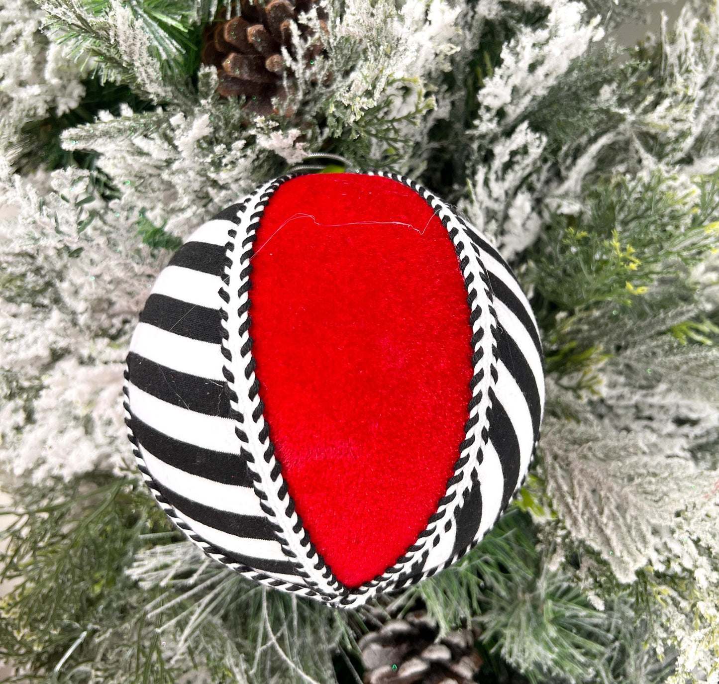 Striped Ornament Ball, Red Black White Christmas Ornament, Designer Holiday Decor, Tree Accent Ornament, Modern Fabric Ornament