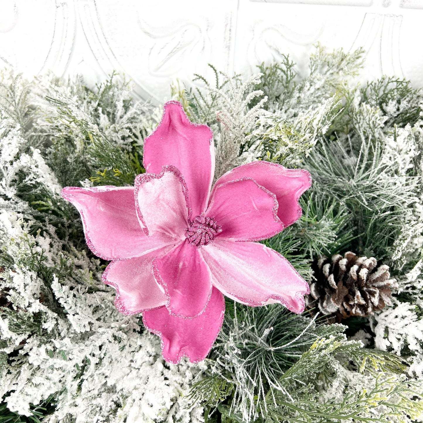 Velvet Magnolia Pick, Pink Magnolia Floral, Glitter Edge Flower Pick, Holiday Wreath Accent, Elegant Tree Decoration
