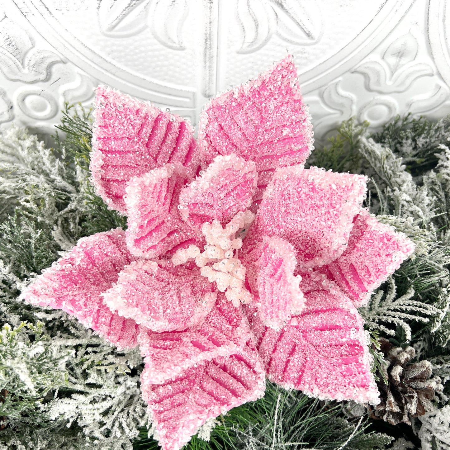 Icy Pink Poinsettia Stem, Beaded Christmas Flower, Pink Holiday Floral Pick, Winter Wedding Stem, Luxury Tree Accent