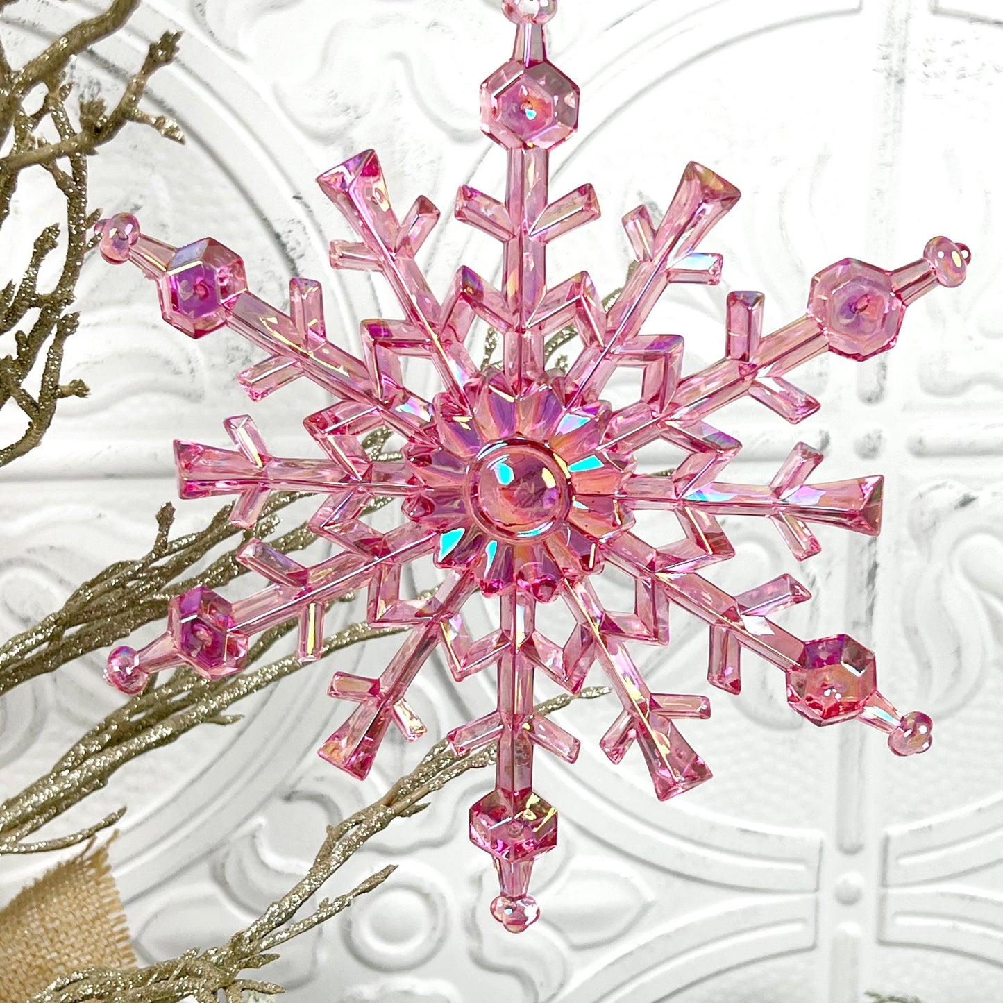 Pink Snowflake Ornament, Iridescent Christmas Ornament, Blush Holiday Tree Accent, Designer Snowflake Decor, Elegant Winter Ornament