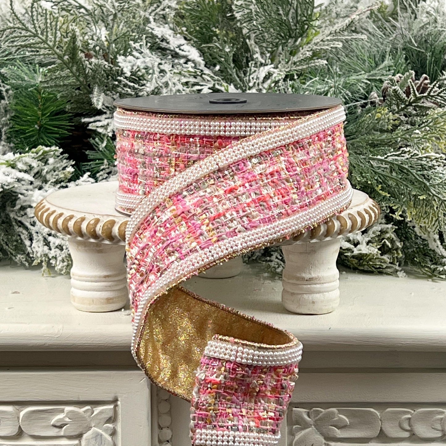 Exclusive DDW Pink Pearl Tweed Ribbon, Couture Designer Ribbon, Pearl Edged Gold Backed Ribbon, Luxury Holiday Trim