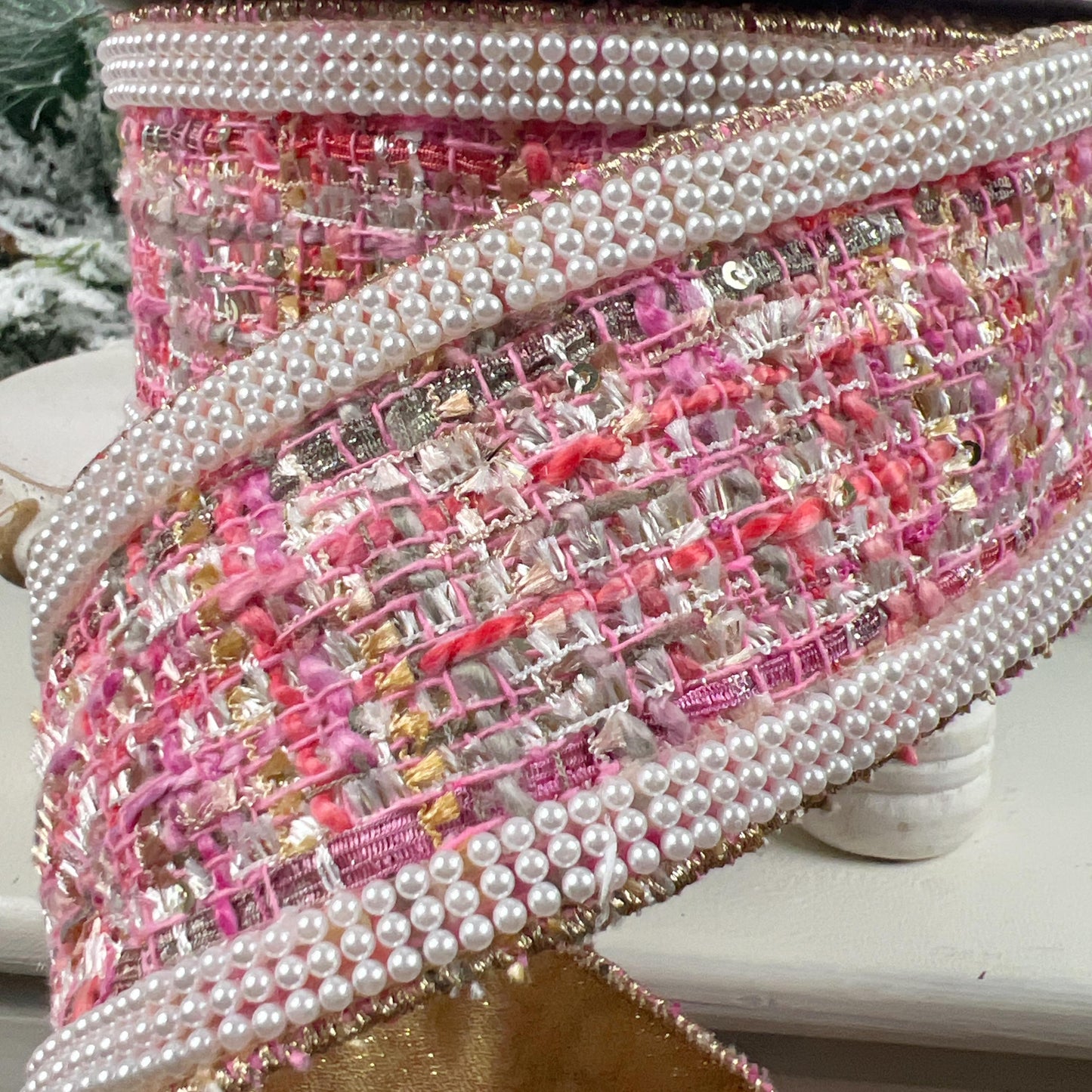 Exclusive DDW Pink Pearl Tweed Ribbon, Couture Designer Ribbon, Pearl Edged Gold Backed Ribbon, Luxury Holiday Trim