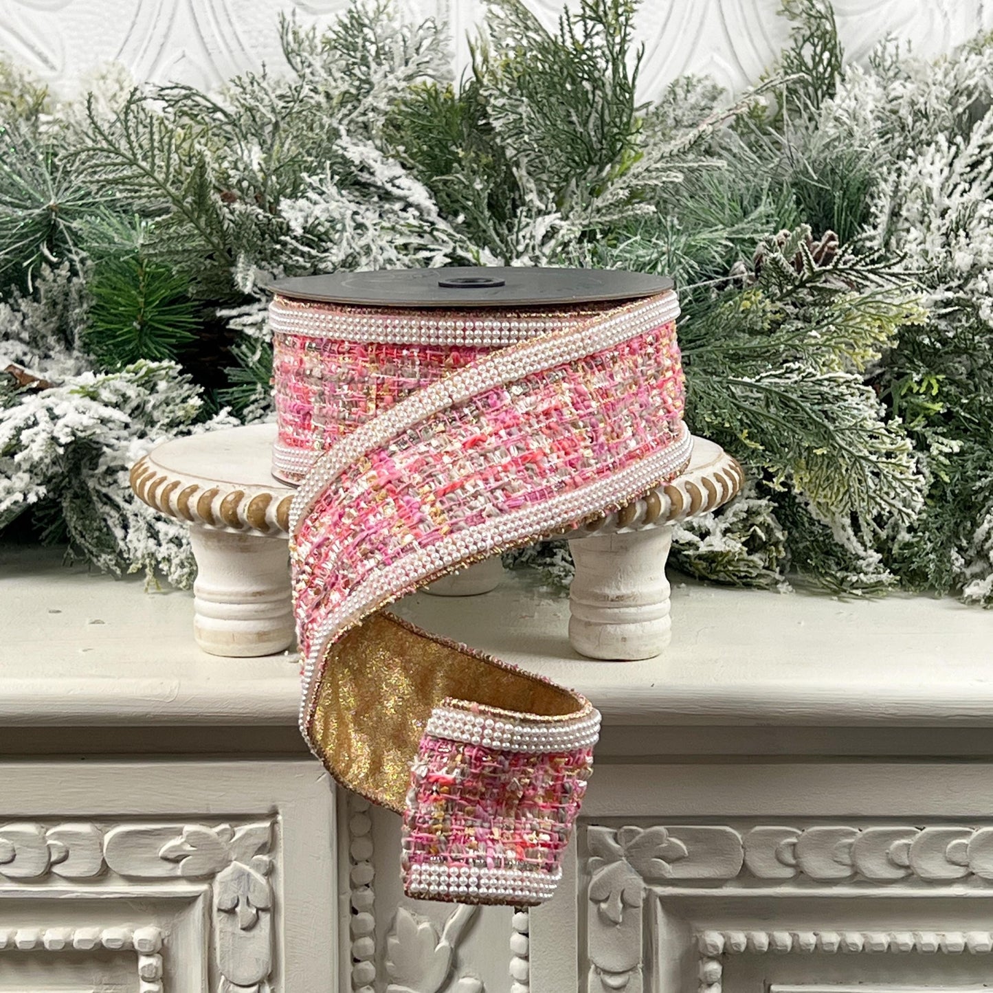 Exclusive DDW Pink Pearl Tweed Ribbon, Couture Designer Ribbon, Pearl Edged Gold Backed Ribbon, Luxury Holiday Trim