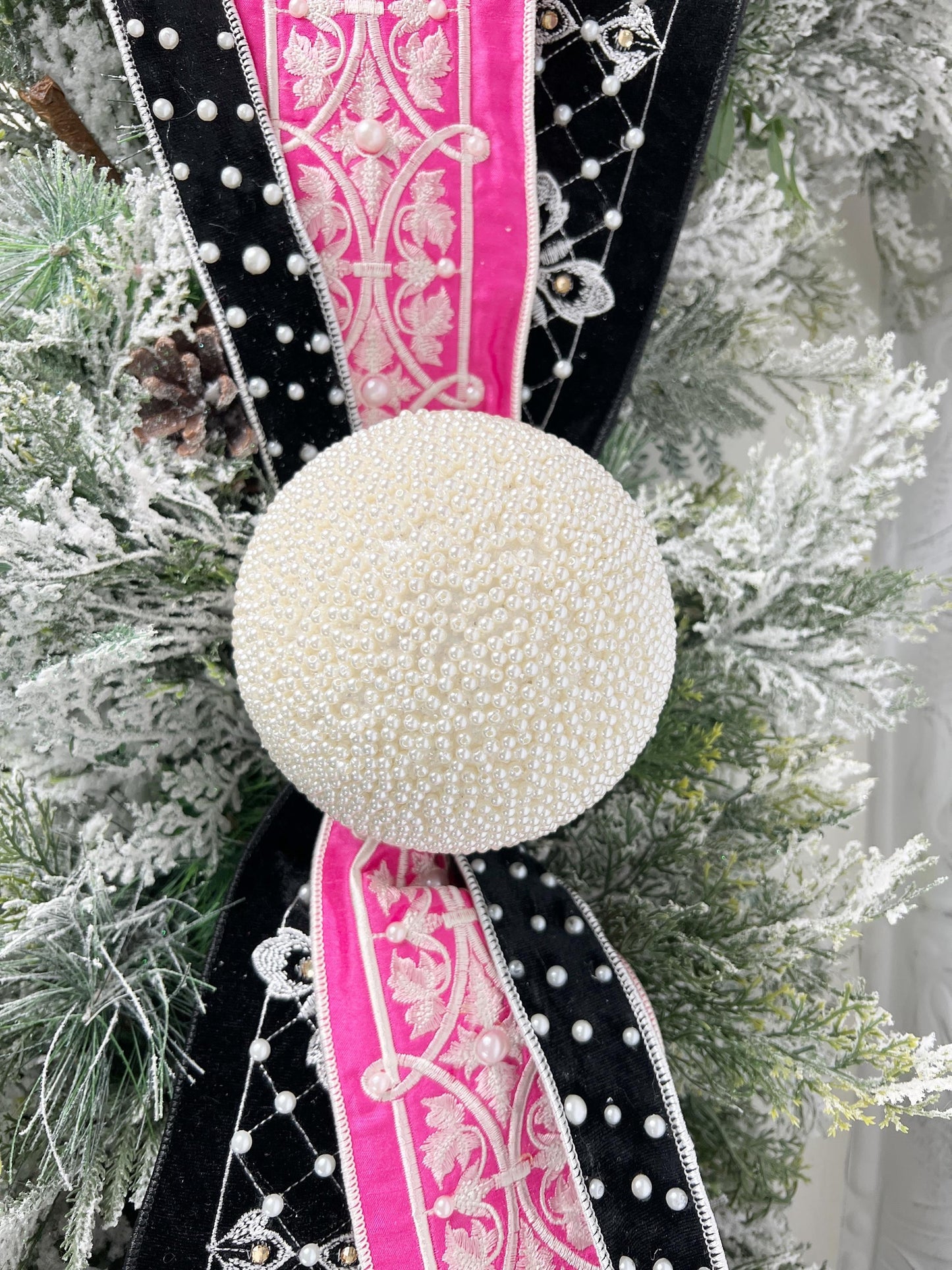 Embroidered Pink Velvet Pearl Ribbon, Pink and White Designer Ribbon, Elegant Luxury Ribbon for Holiday and Wedding Decor