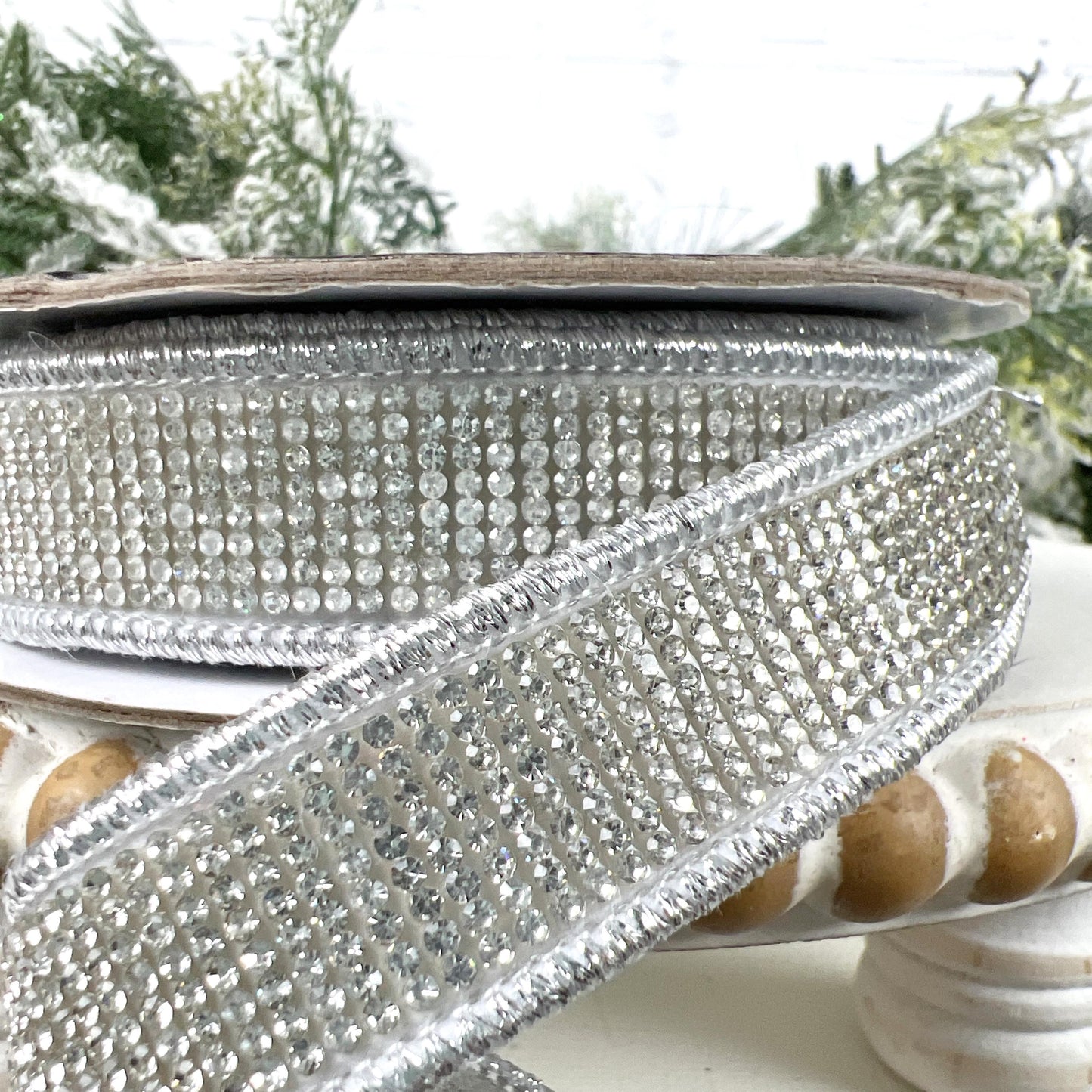 Silver Rhinestone Ribbon, Silver Dupion Ribbon with Rhinestone Trim, Jeweled Ribbon for Holiday and Wedding Decor