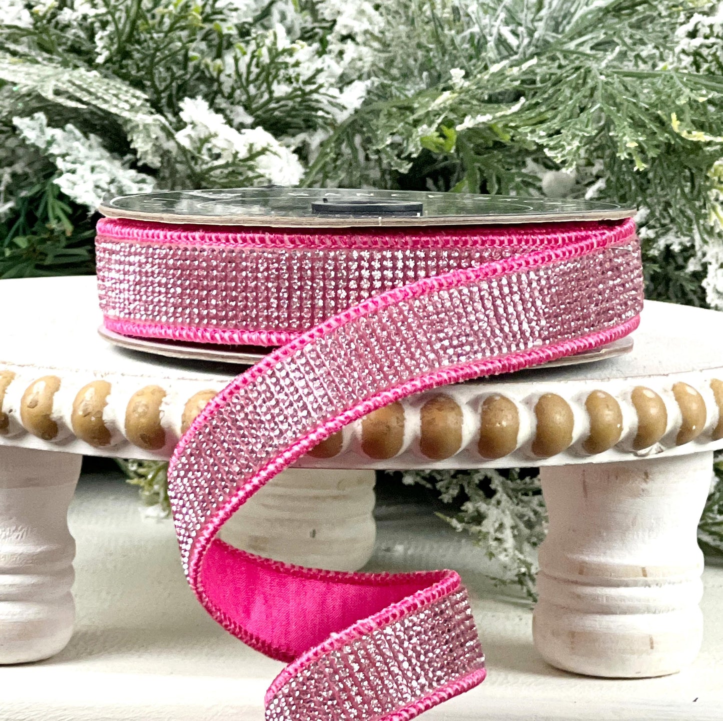 Hot Pink Rhinestone Ribbon, Fuchsia Dupion Ribbon with Rhinestone Trim, Jeweled Designer Ribbon for Holiday and Wedding Decor